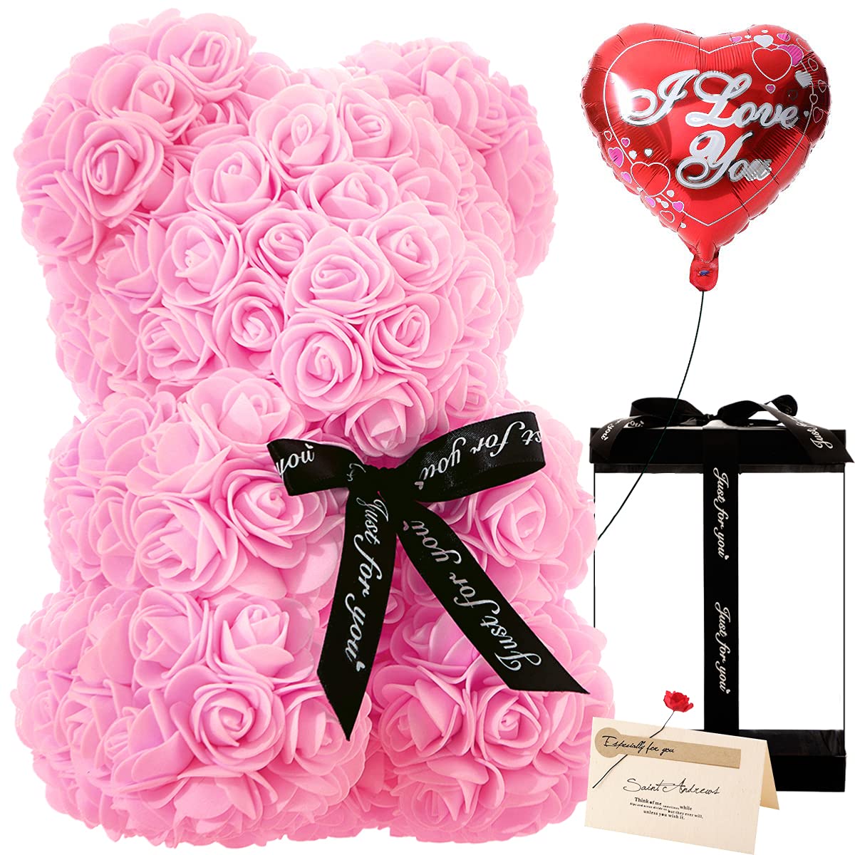 Handmade Rose Teddy Bear Gift for Women - Light Pink Rose Flower Bear with Clear Gift Box & Greeting Card | Perfect for Mother's Day, Valentine's Day, Anniversary & Bridal Showers | Romantic Home Decor & Special Occasion Gift Idea