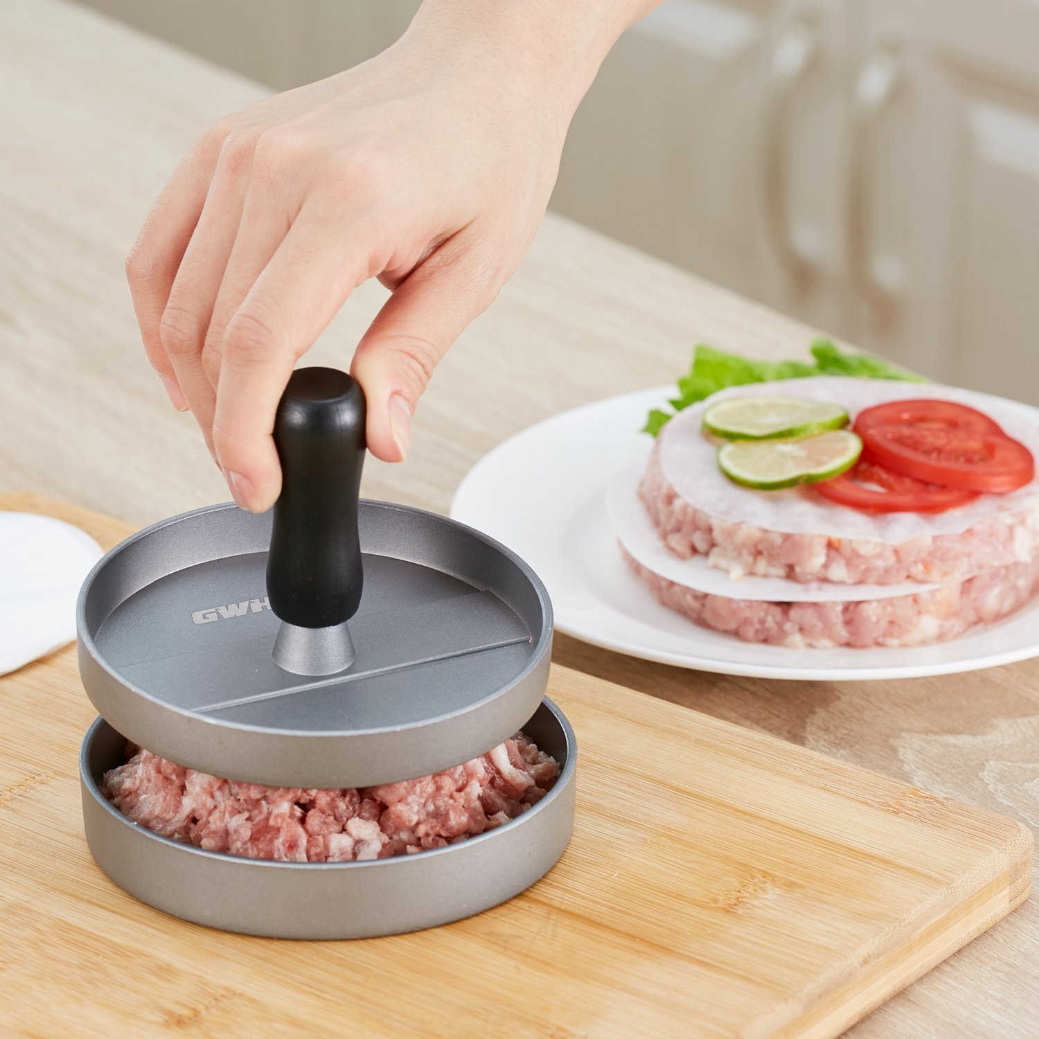 GWHOLE Non-Stick Hamburger Press Maker with 100 Wax Discs - Perfect for BBQ, Grilling, and Homemade Burgers - Ideal for Backyard Parties, Camping, and Outdoor Cooking