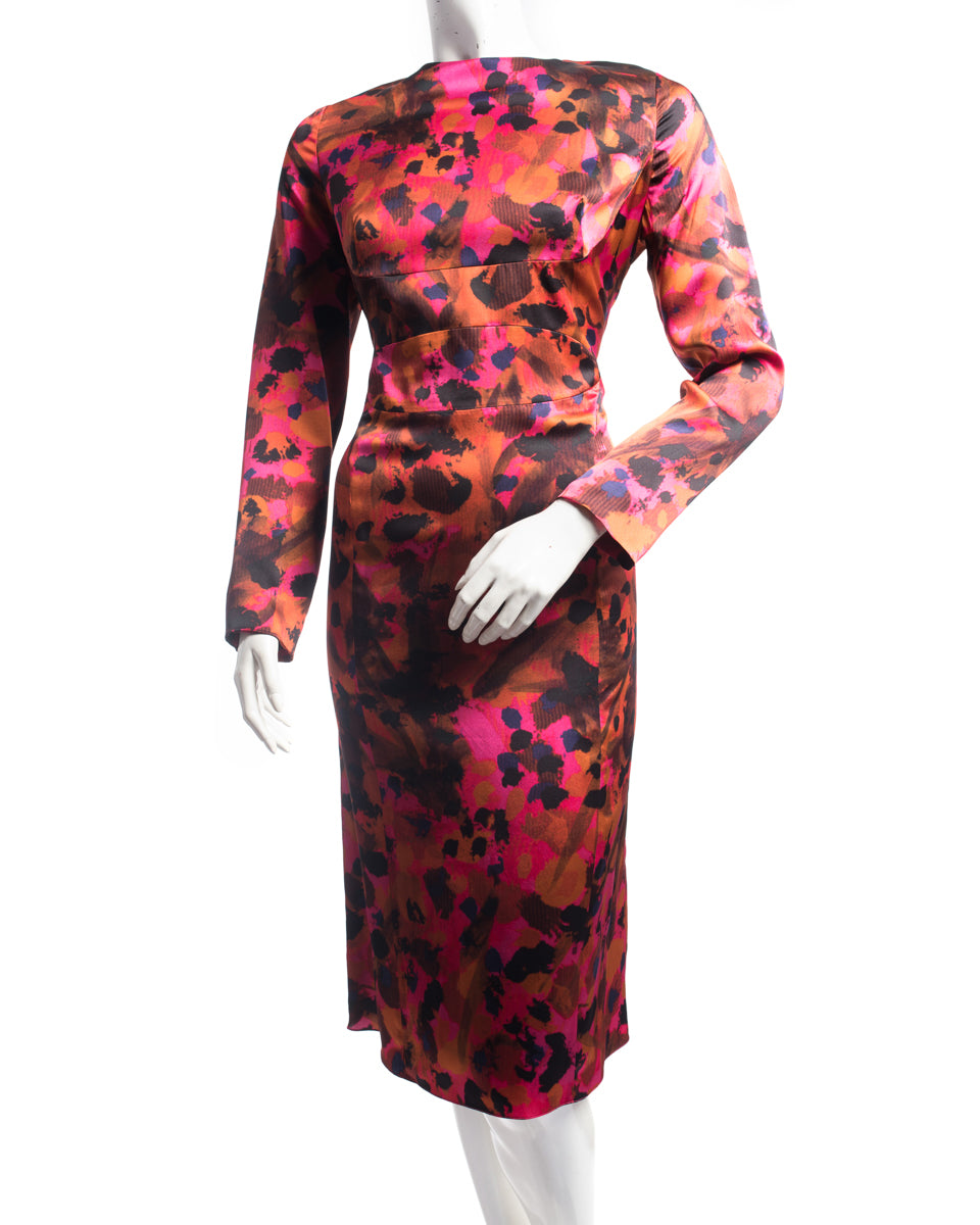 Erdem Fall 2011 Runway Pink & Orange Silk Marbled Long Sleeve Wiggle Dress Size L | Vintage Designer Cocktail Dress for Parties, Weddings & Special Occasions