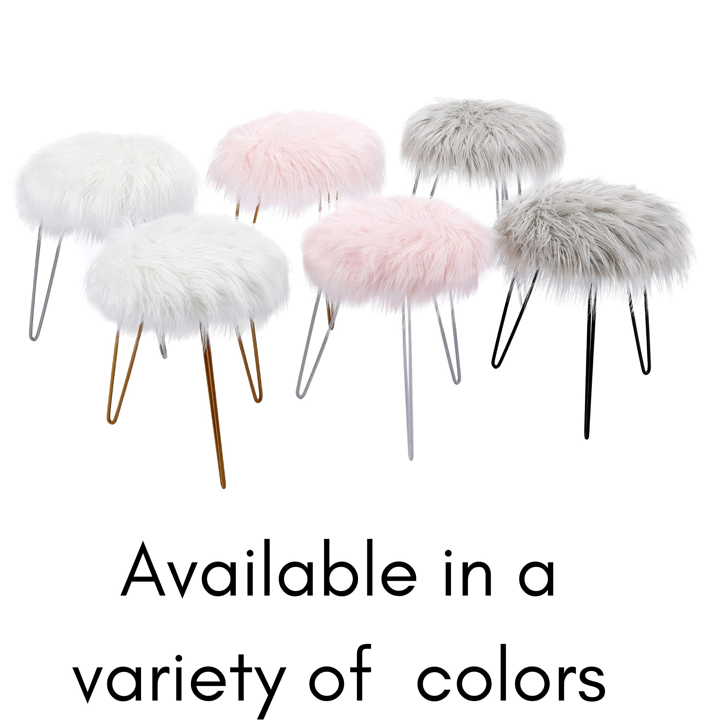 BIRDROCK HOME Round Faux Fur Foot Stool Ottoman with White Hairpin Legs - Soft Padded Vanity Seat Makeup Chair for Bedroom, Living Room & Kids Room - Cozy Pink Accent Furniture for Home Decor, Reading Nook & Dressing Area