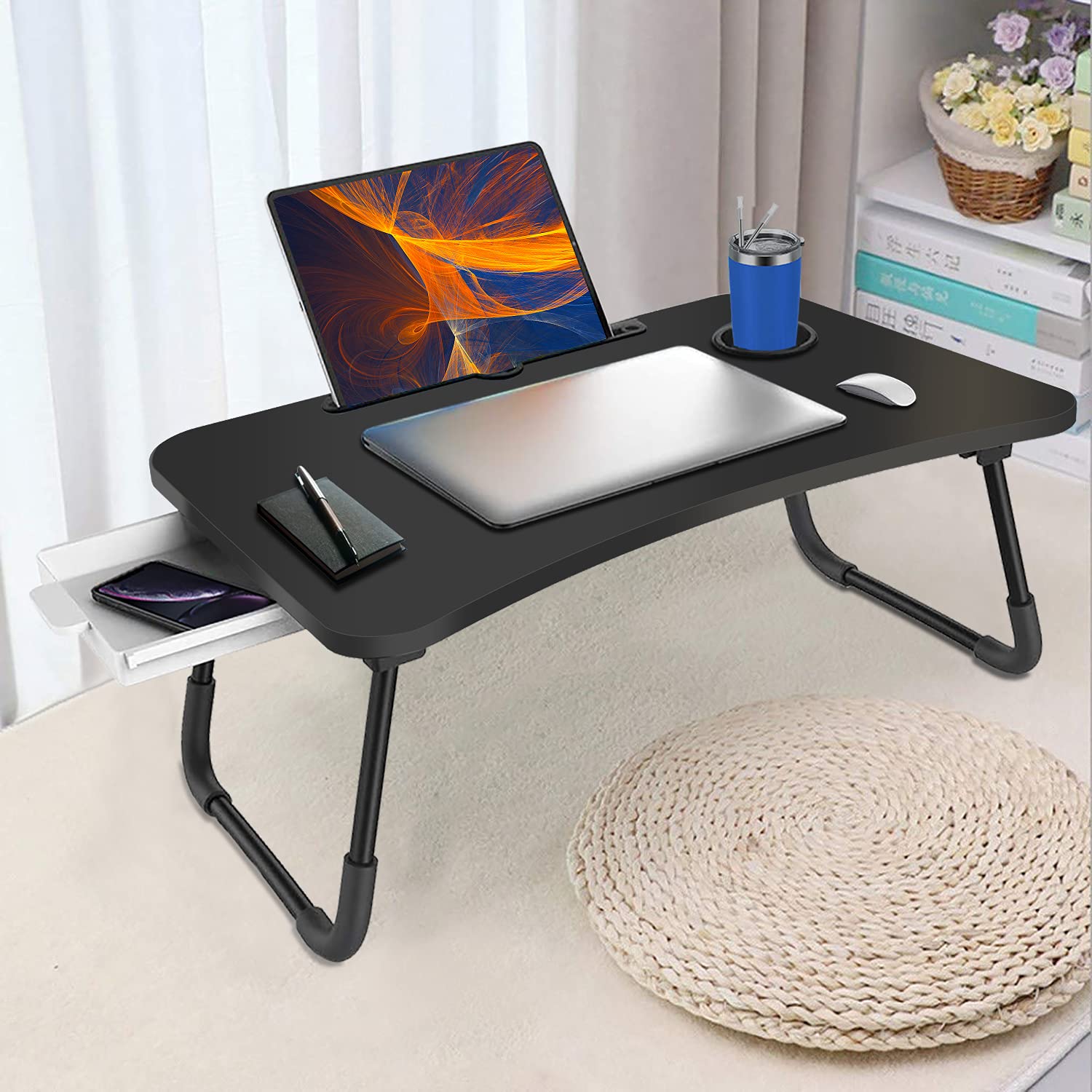 Fayquaze Foldable Laptop Bed Table with Storage Drawer & Cup Holder - Portable Lap Desk for Working, Eating & Reading - Perfect for Home Office, Dorm Room & Bed Use