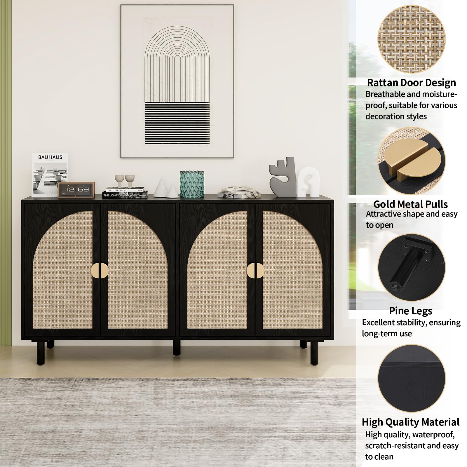 Modern Rattan Sideboard Buffet Cabinet with 4 Doors & 2 Adjustable Shelves - Stylish Boho Storage Console for Living Room, Kitchen, Dining Room - Perfect for Organizing Dishes, Linens & Home Decor (Black)