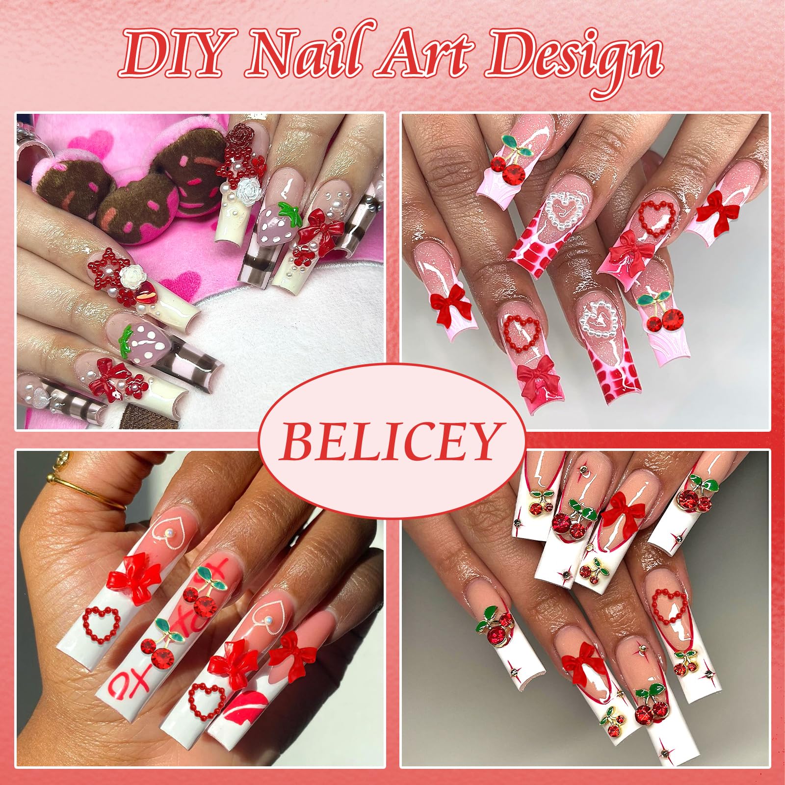 BELICEY 120Pcs Red Acrylic Bow & Heart Flatback Nail Charms - Alloy Cherry Nail Decorations with Rhinestones for DIY Manicure & Nail Art - Perfect for Women's Nail Design, Party Nails, and Professional Salon Use