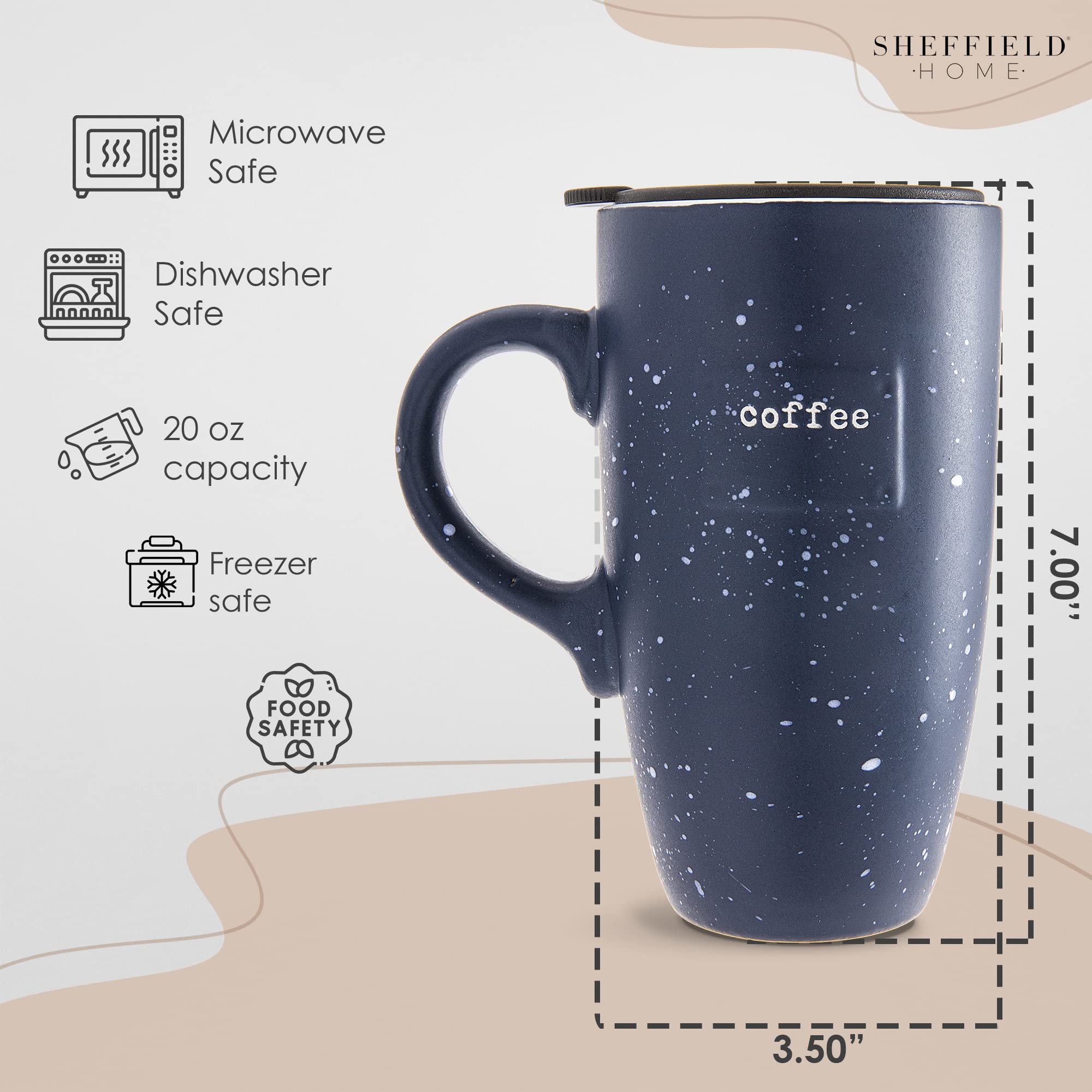 Sheffield Stoneware Travel Mug - 20oz Navy Blue Speckled Coffee Cup with Lid for Tea, Latte & Hot Chocolate - Perfect for Commuting