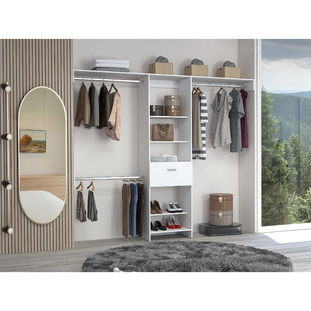 Brisk 250 Closet Organizer System - 5 Open Shelves, 1 Drawer & 3 Metal Rods - White - Perfect for Bedroom, Closet & Home Storage Organization