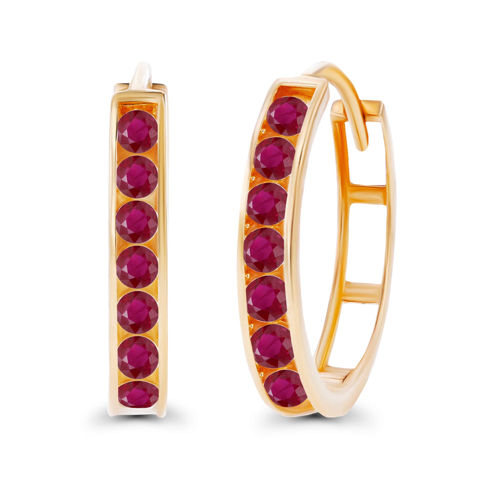14K Solid Gold 3x17mm Genuine Birthstone Huggie Hoop Earrings for Women | 3mm Round Natural or Created Gemstone Channel Set | Perfect for Everyday Wear, Gifts & Special Occasions