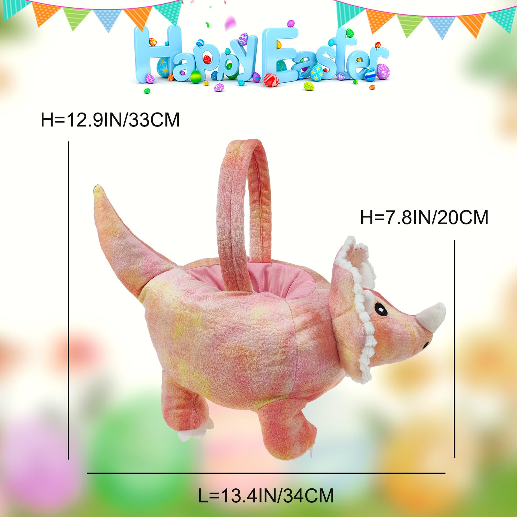 **Dearsun Adorable 3D Plush Pink Triceratops Easter Basket - Dinosaur-Themed Easter Egg Hunting Basket, Party Decorations & Gift Storage - Perfect for Easter Celebrations, Kids' Parties & Home Decor**
