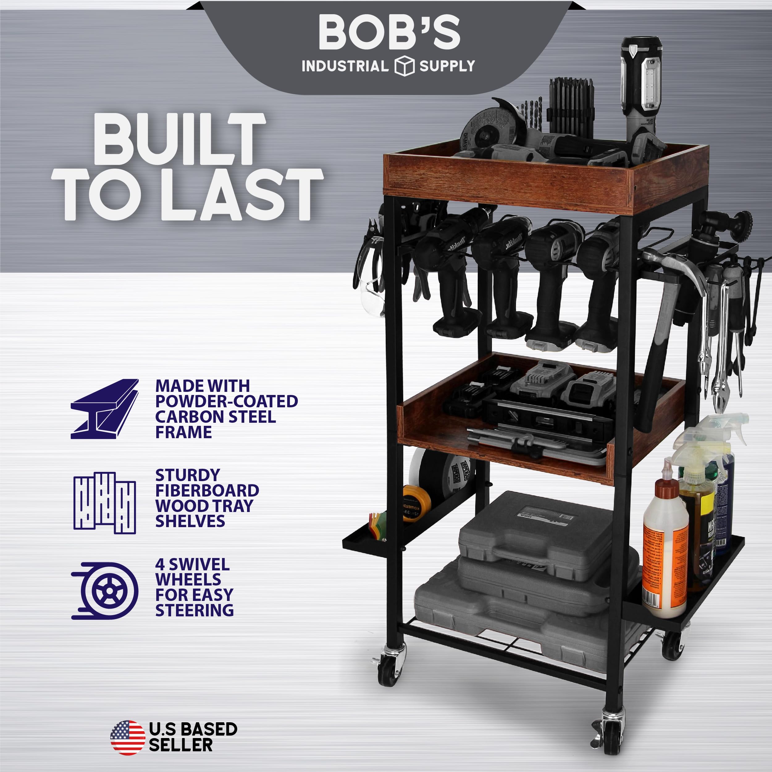 4-Tier Rolling Tool Cart with Drill Storage - Heavy Duty Garage Organizer for Power Tools & Accessories - Perfect for Workshop, Construction Site & DIY Projects