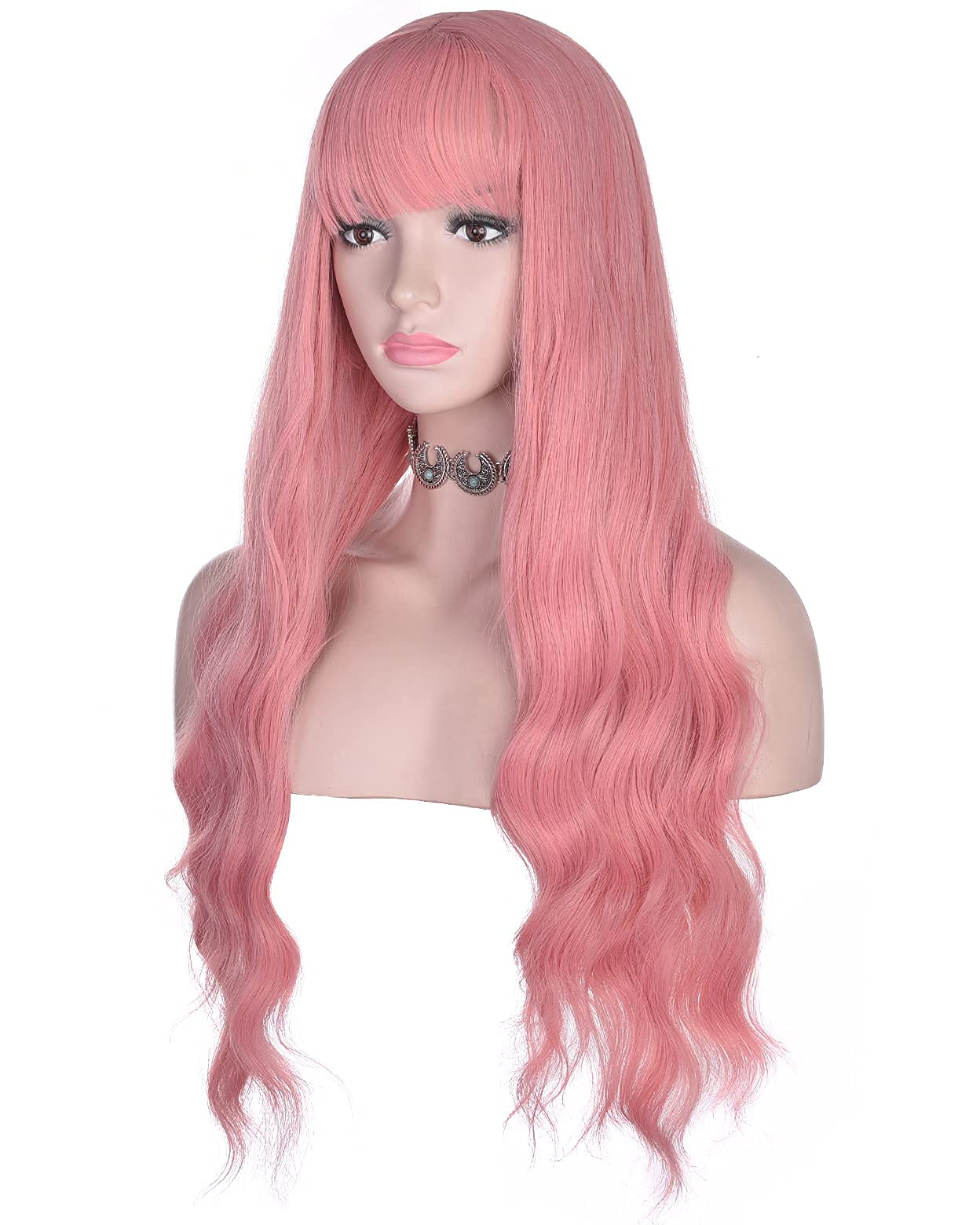 Long Wavy Pink Wig with Bangs for Women - Heat Resistant Synthetic Hair Wig for Daily Wear & Cosplay Events - Perfect for Halloween, Costume Parties, Anime Conventions & Themed Events (Pink)