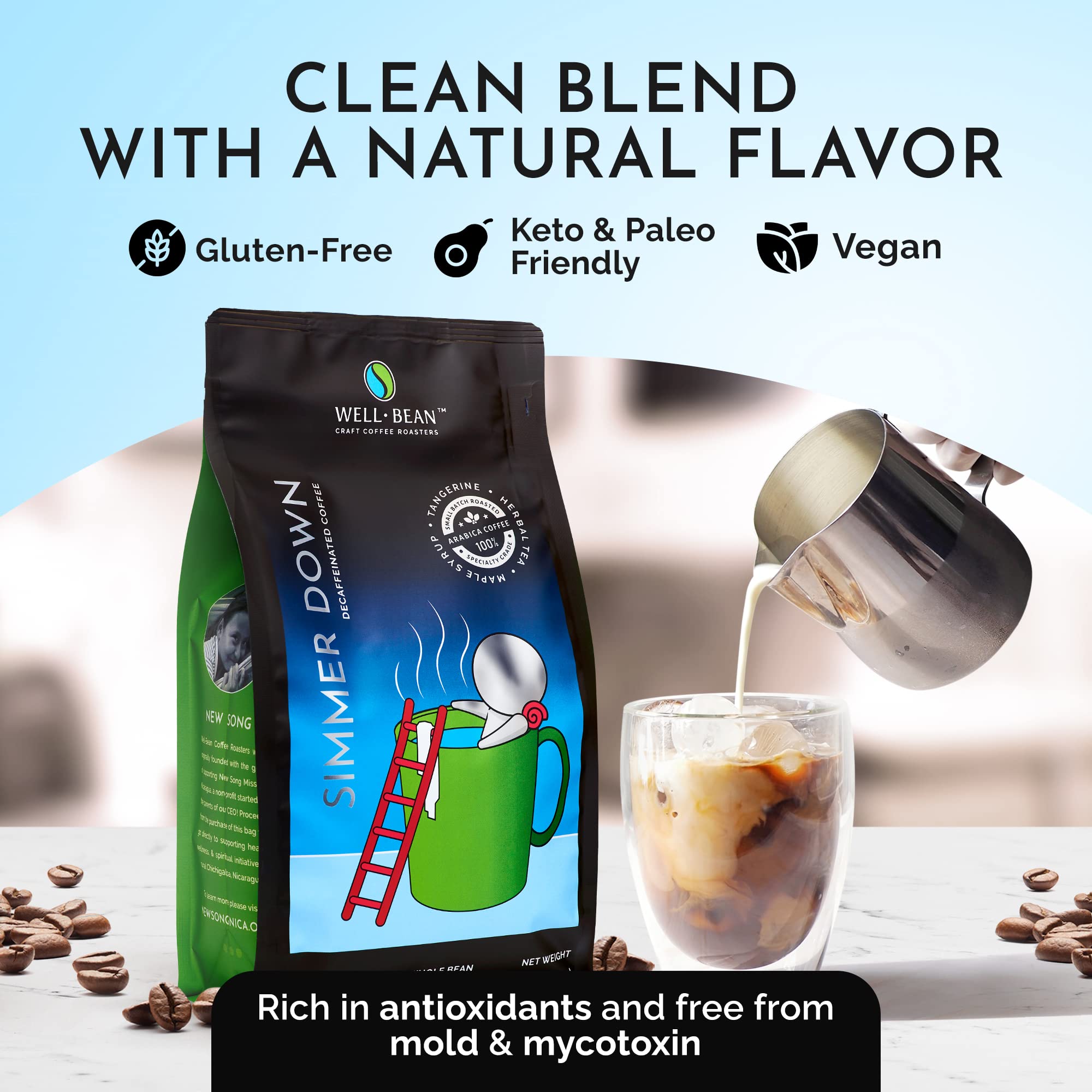 Well-Bean Coffee - Premium Colombian Decaf Whole Bean Coffee, Swiss Water Processed, Light Roast, Vegan Friendly, 12 oz - Perfect for Home Brewing, Office Use & Gifts