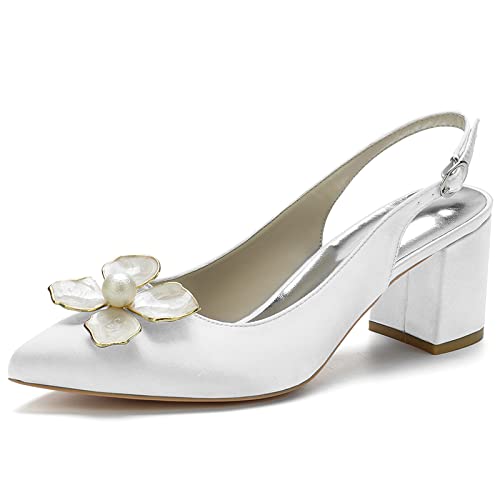 Elegant Women's Pointed Toe Wedding Shoes - Chunky Block Heel Slingback Bridal Pumps for Bride, Bridesmaid & Office Wear - Ivory Evening Court Shoes for Weddings, Parties & Formal Events