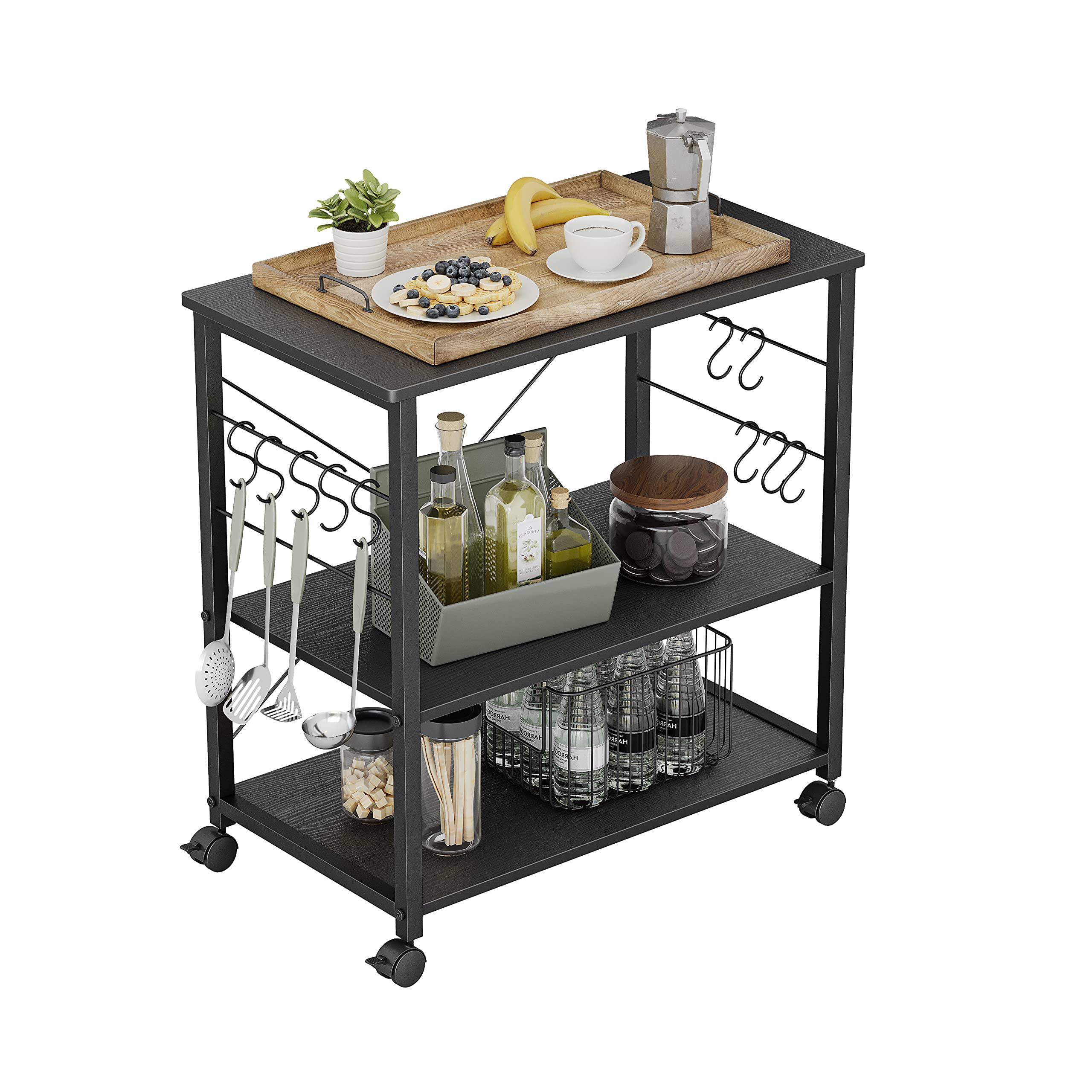 Cubicubi 3-Tier Rolling Baker's Rack Kitchen Cart with Storage & 10 Hooks - Mobile Microwave Stand, Coffee Bar Organizer for Small Spaces - Perfect for Kitchen, Pantry, or Dining Room Organization