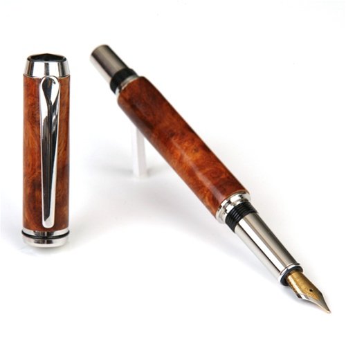 Premium Lanier Baron Fountain Pen - Rhodium Plated with Exotic Amboyna Burl Wood - Luxury Writing Instrument for Business Professionals & Gift Occasions
