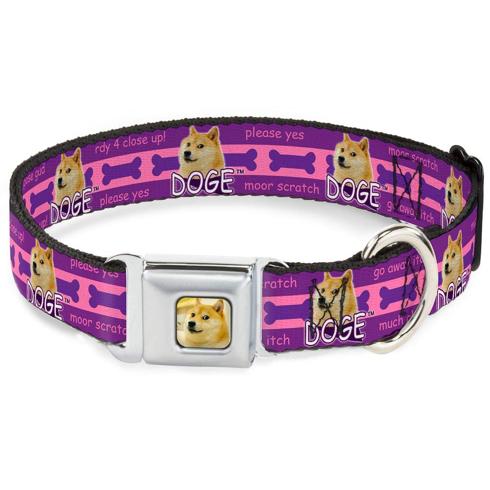 Buckle-Down Seatbelt Buckle Dog Collar - DOGE Pose, Bones & 9 Fun Quote Designs in Purple/Pink - 1 Inch Wide - Adjustable for 11-17 Inch Neck (Medium) - Durable Pet Collar for Small to Medium Dogs - Perfect for Daily Walks, Training & Costume Accessories