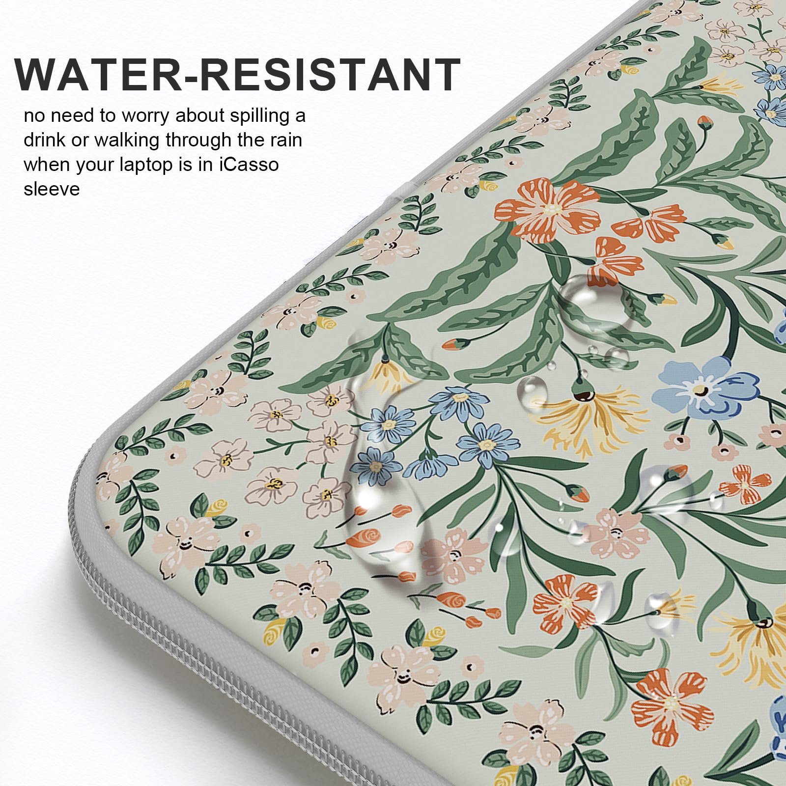iCasso 13-14 Inch Laptop Sleeve for MacBook Air/Pro, Chromebook & HP - Slim Protective Travel Case with Green Boho Floral Design | Perfect for Work, School & Commuting