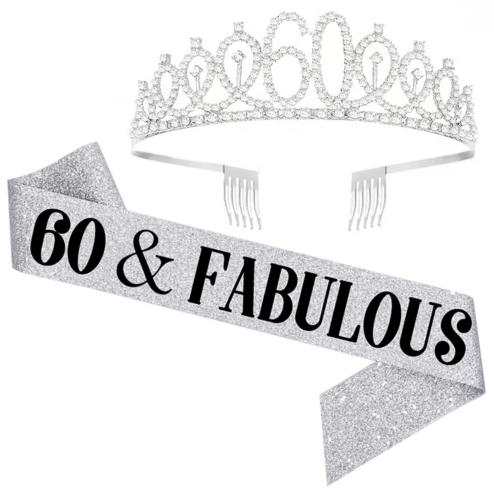 60th Birthday Sash & Tiara Set for Women - 60 & Fabulous Birthday Crown & Sash - Silver Party Decorations - Perfect for Queen's Birthday Celebration, Milestone Parties & Women's 60th Birthday Gifts