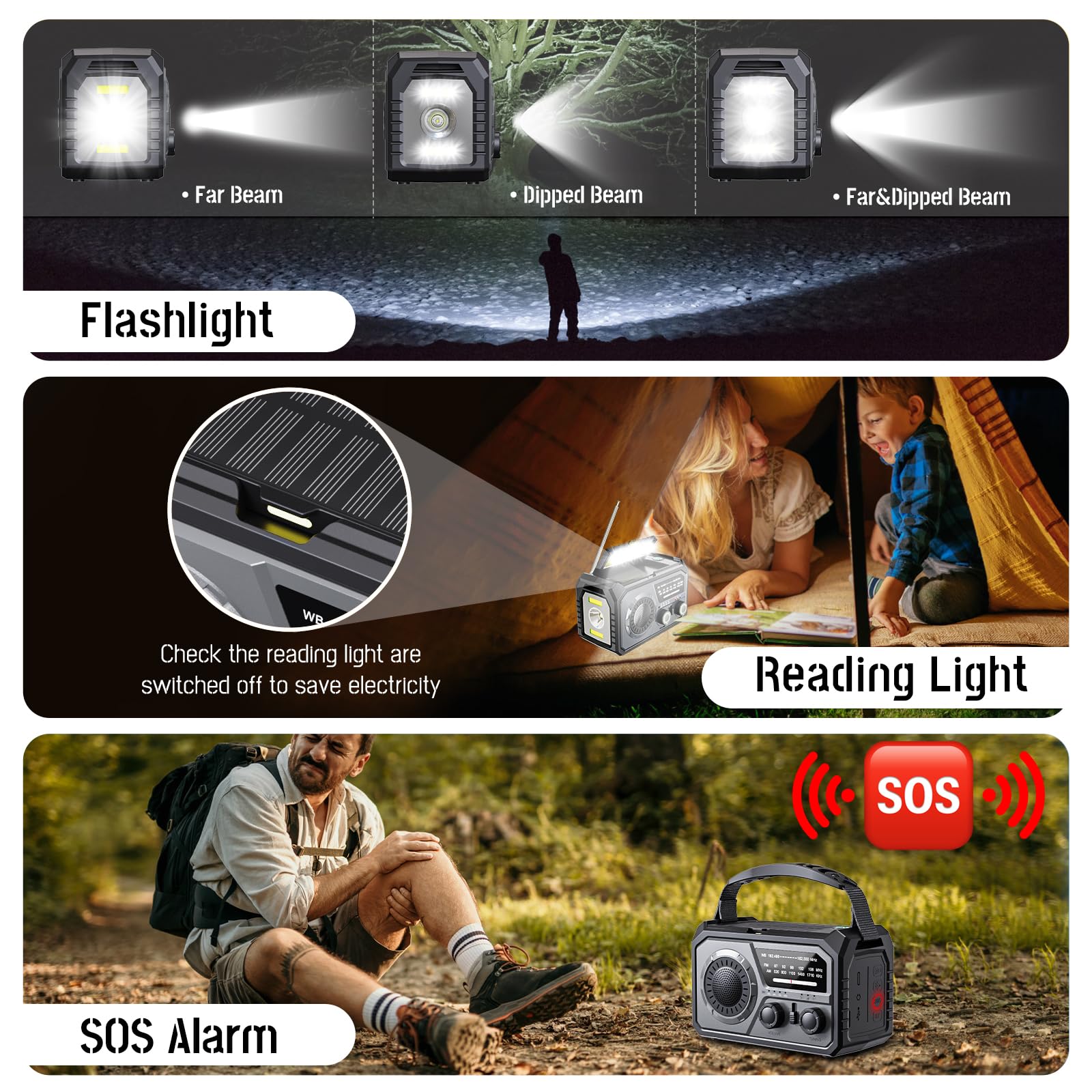 59200mWh Solar Emergency Radio - 16000mAh Portable NOAA Weather Radio with Hand Crank, USB Charger, SOS Alarm, Flashlight & Reading Lamp for Outdoor Camping, Hiking, Storms and Emergency Survival Kits
