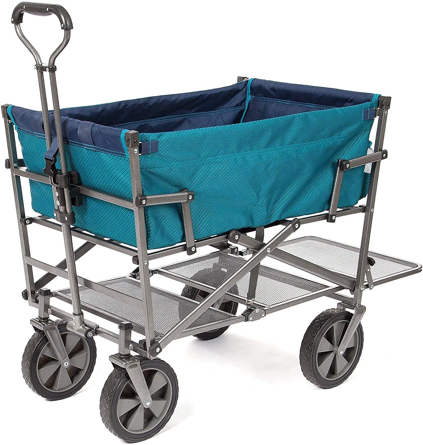 Collapsible Outdoor Utility Wagon with Folding Table & Drink Holders - Heavy Duty Foldable Cart for Camping, Beach, Picnics, and Tailgating - Lake Blue