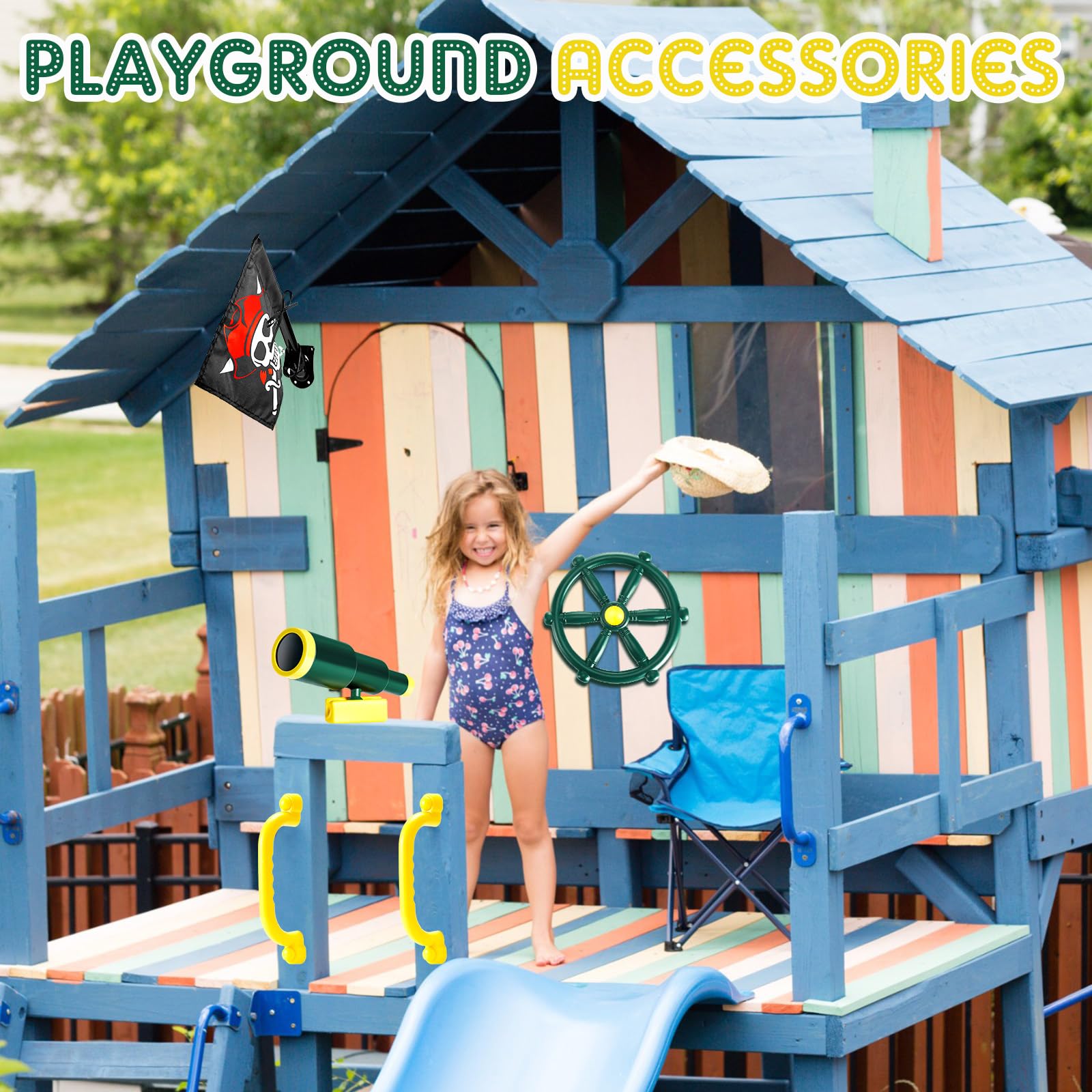 Junkin 5-Piece Pirate Playground Set - Plastic Steering Wheel, Telescope, Safety Handles & Flags for Outdoor Swing Sets, Playhouses, Treehouses & Jungle Gyms (Green) - Perfect for Backyard Adventures & Imaginative Play