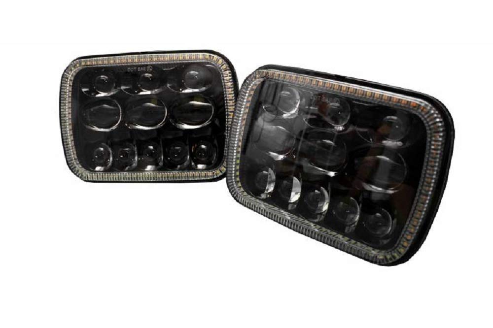 Race Sport 5x7 BLACKED OUT Sealed Beam Headlight Conversion Kit - White DRL Halo & Amber Turn Signal Halo (RS57WAB) - Upgrade for Trucks, Jeeps & Off-Road Vehicles