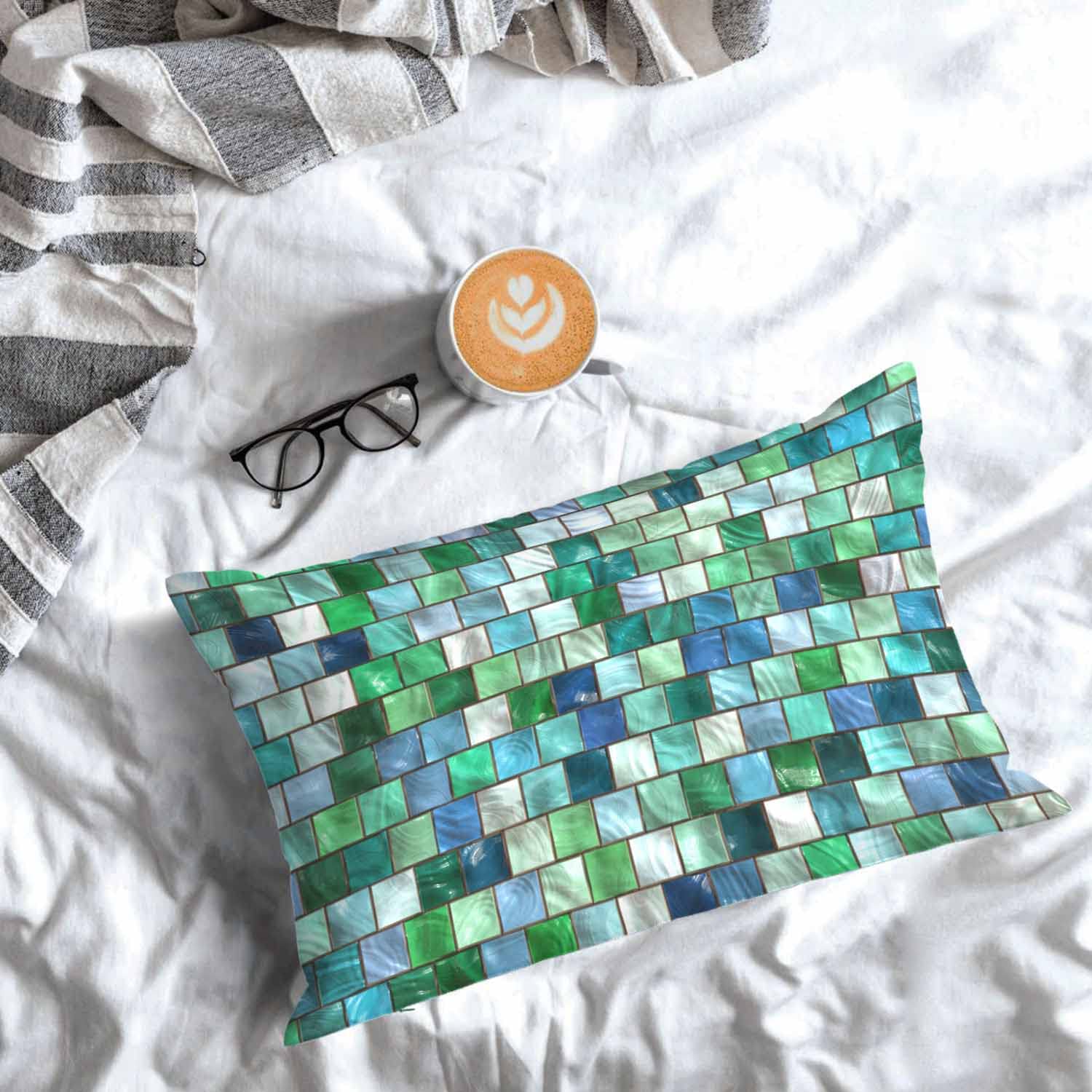 Premium Mugod Geometric Square Mosaic Pillow Cover - Blue & Green Decorative Throw Pillow Case 20x30 Inches for Sofa, Couch, Outdoor Furniture & Home Decor