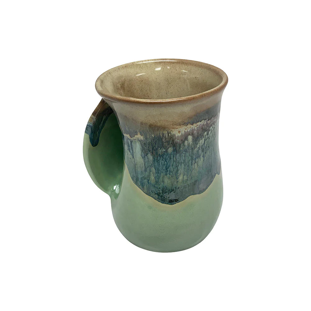 Left-Handed Handwarmer Mug - Ceramic Travel Coffee Cup with Lid for Outdoor Activities (Mountain Meadow Design) | Perfect for Camping, Hiking & Winter Commutes