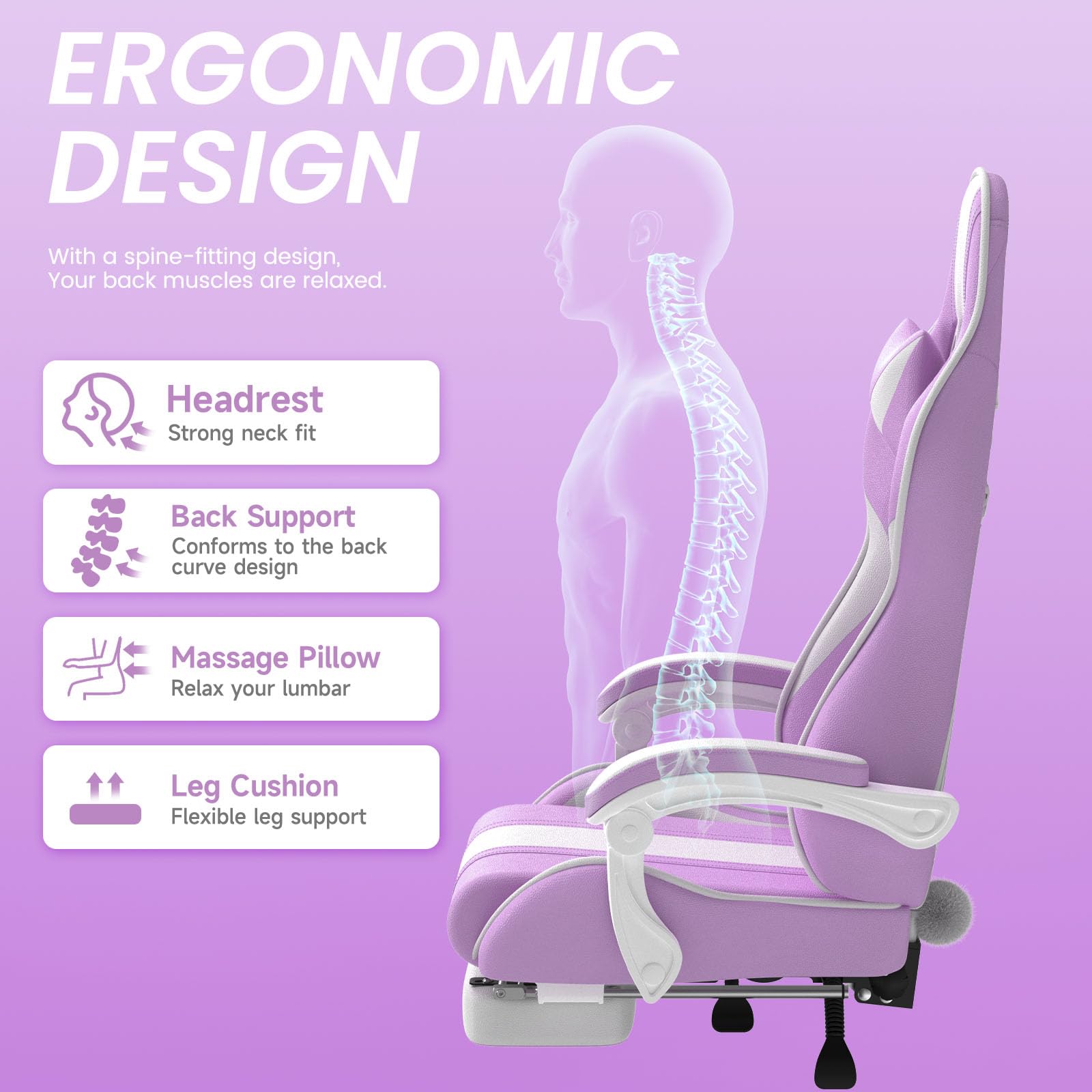 Kawaii Light Purple Gaming Chair with Bunny Ears - Ergonomic Cute Gamer Chair with Footrest & Massage - Racing Reclining Leather Computer Chair for Girls, Adults, Teens & Kids - Perfect for Gaming, Streaming, Home Office & Dorm Room Setup