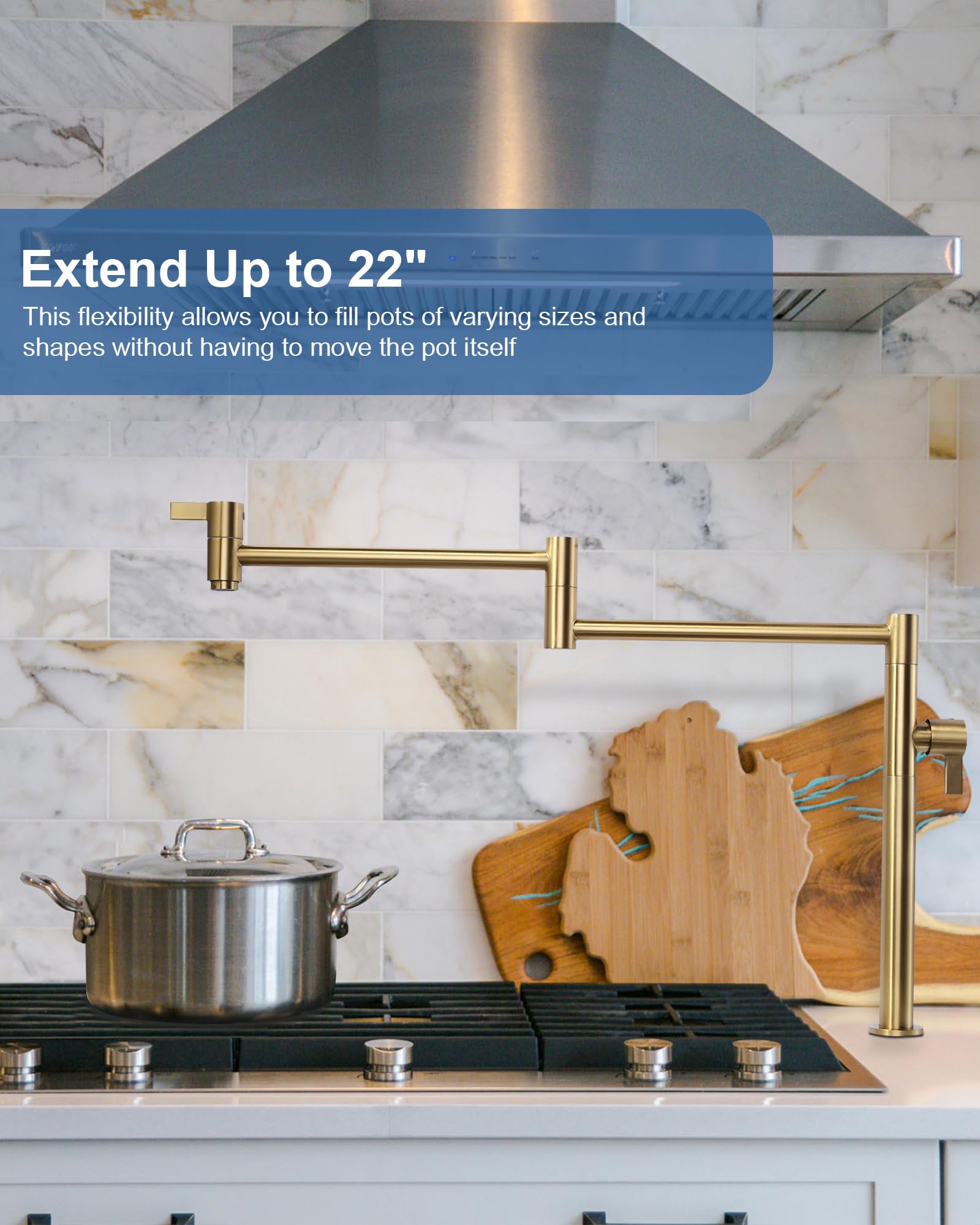 **ARCORA Solid Brass Deck Mount Pot Filler Faucet - Brushed Gold Kitchen Folding Faucet with Stretchable Double Joint Swing Arm - Perfect for Stovetop, Soup Pots & Large Cooking Vessels**