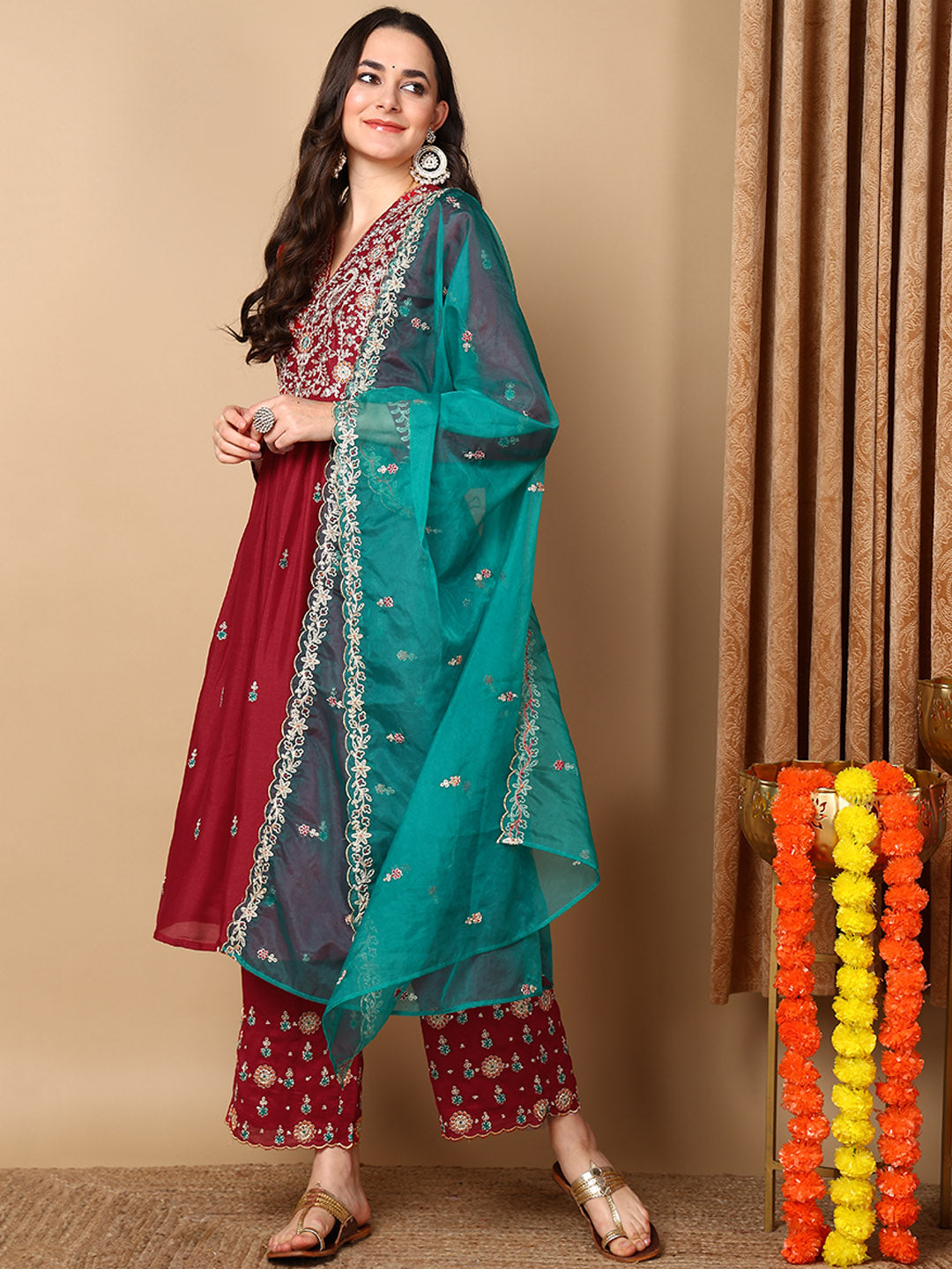 Elegant Red Silk Blend Flared Kurta Set for Women - Stylish Indian Ethnic Outfit for Festivals, Weddings & Parties