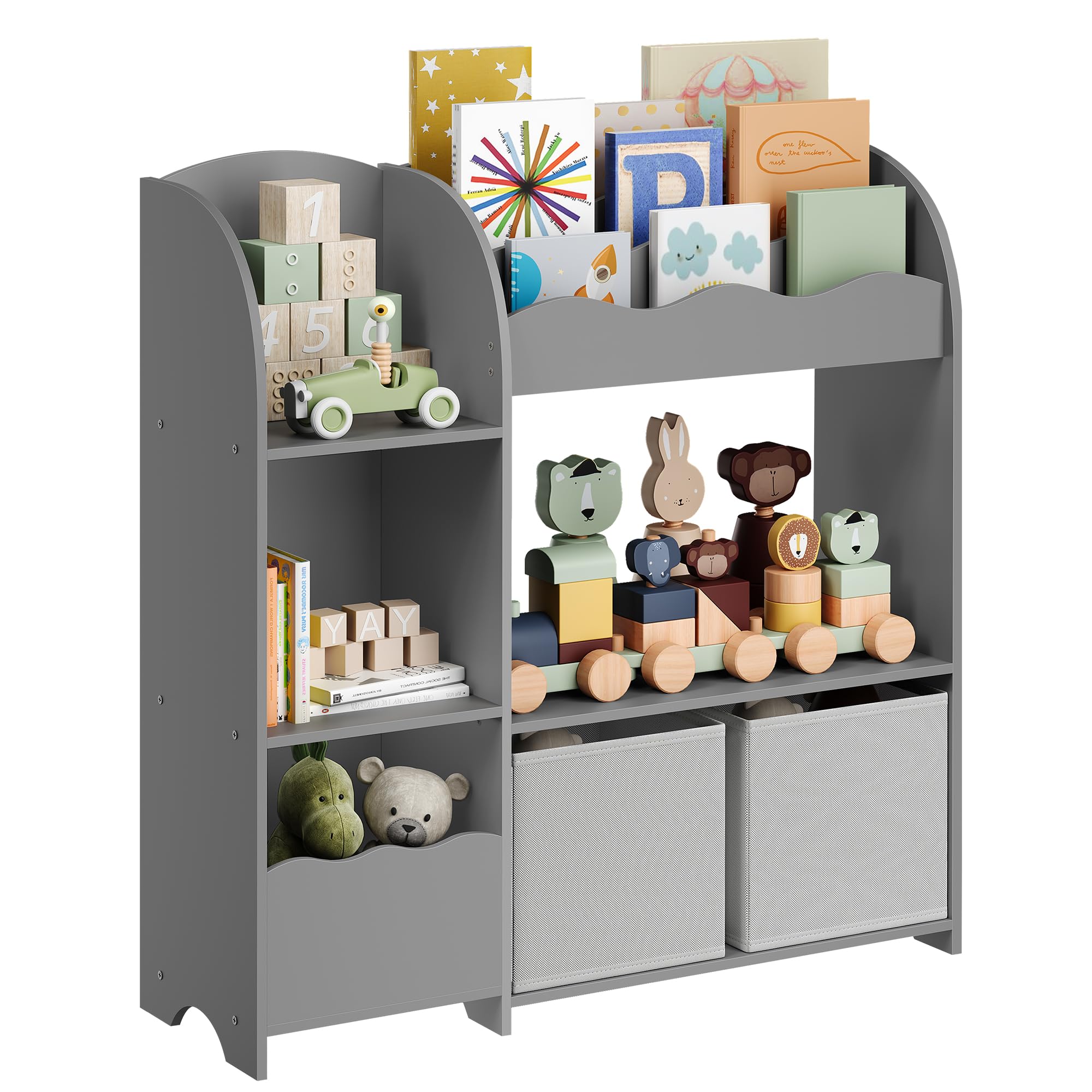 SONGMICS Kids Toy and Book Storage Organizer with 2 Bins - Multifunctional Bookshelf & Toy Organizer for Playroom, Nursery, Living Room - Perfect for Organizing Toys, Books, and Kids' Accessories (Dove Gray, UGKR042G01)