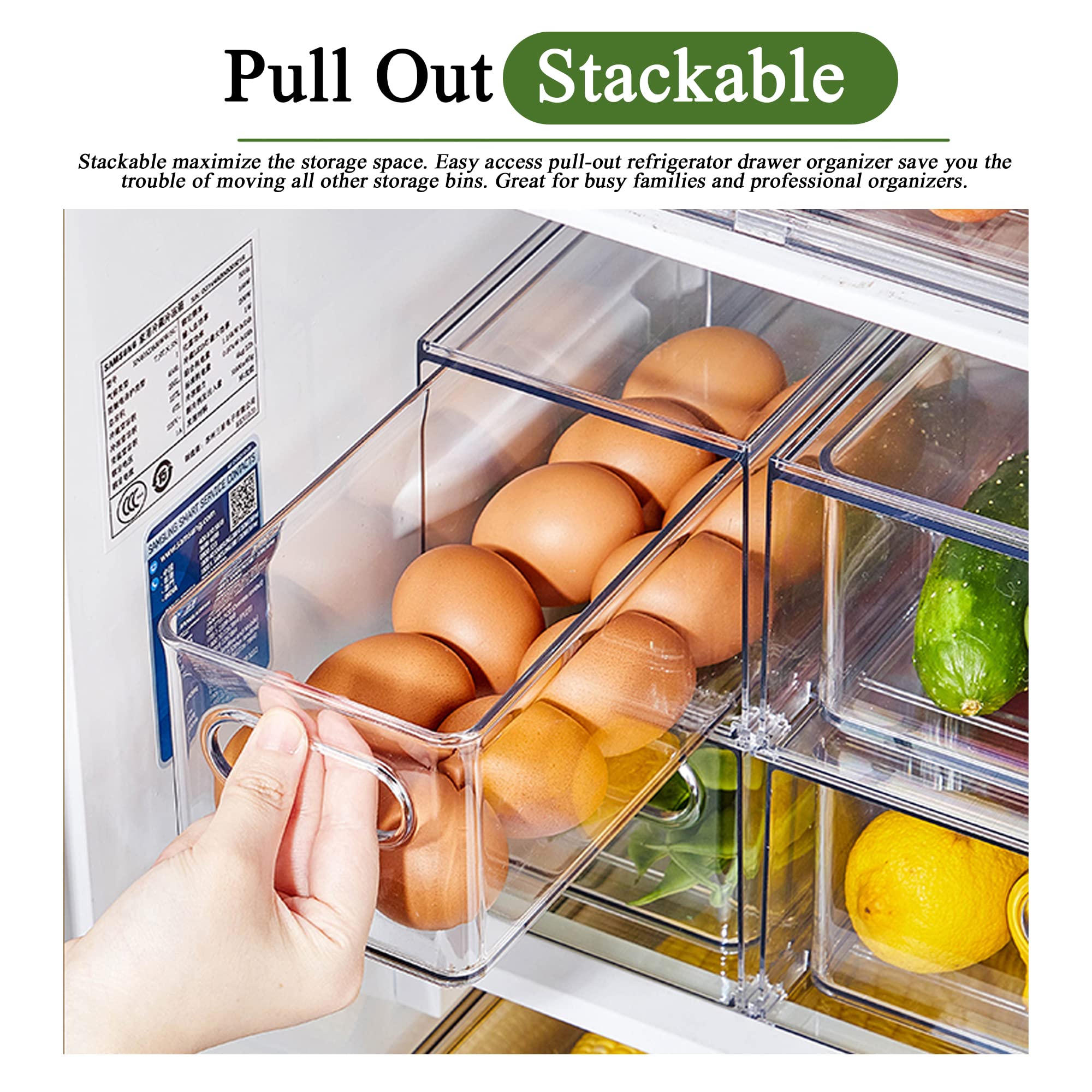 2 Pack Stackable Clear Refrigerator Organizers with Pull-Out Drawers - BPA-Free Kitchen Storage Bins for Fridge, Pantry & Cabinet (13.4