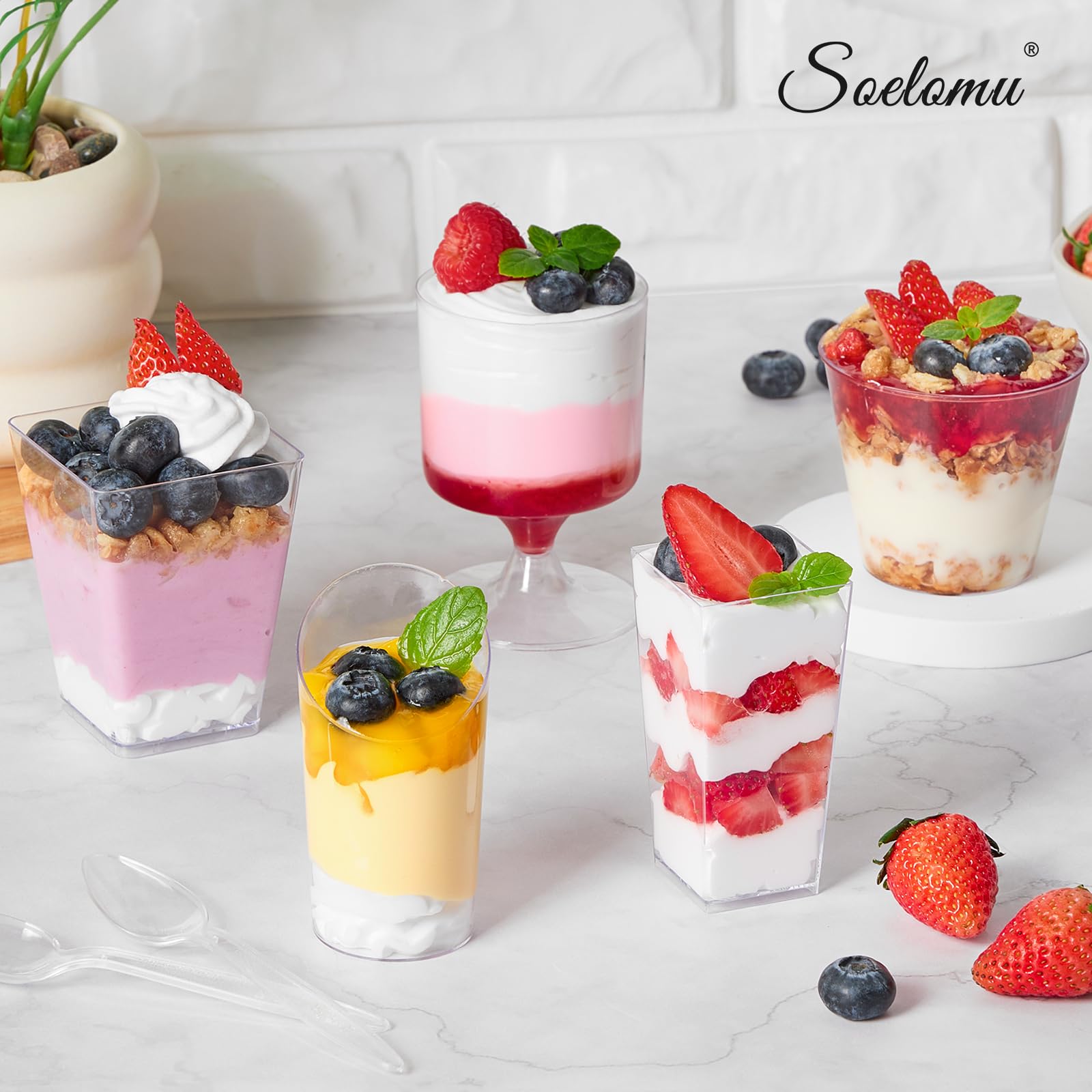 100-Pack Square & Slanted Plastic Dessert Cups with Spoons - 2.2oz & 5oz Mini Party Shooters for Banana Pudding, Yogurt, Jello, Fruit, Appetizers - Perfect for Weddings, Baby Showers & Catering Events