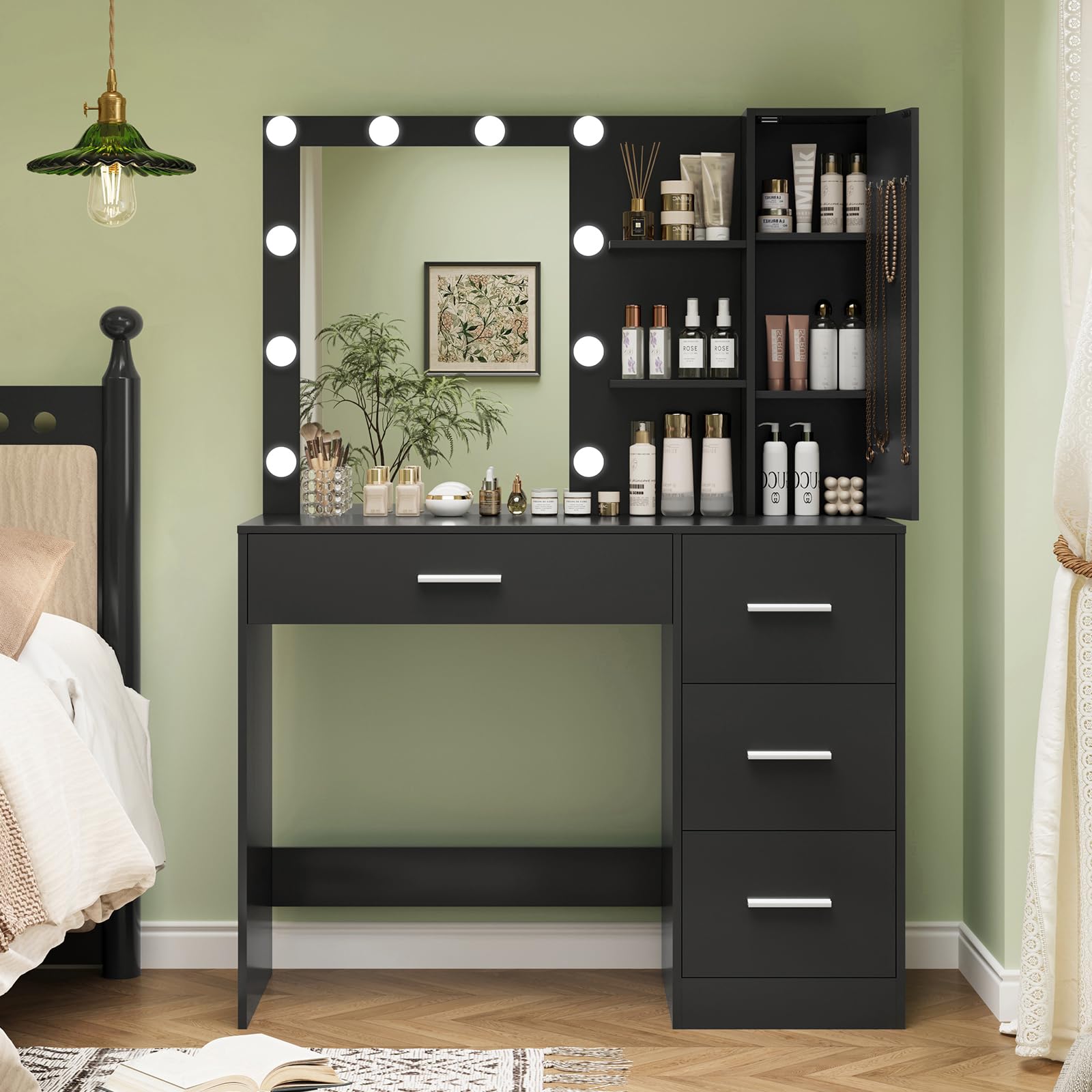 USIKEY Makeup Vanity with LED Lights - 10 LED Lighted Dressing Table with Mirror, 4 Drawers, Cabinet & Necklace Hooks - Black Bedroom Vanity Set for Women | Perfect for Makeup Application, Jewelry Storage & Home Decor
