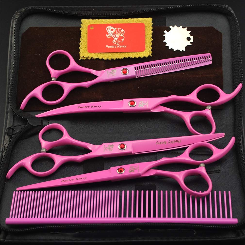 Professional Stainless Steel Pet Grooming Scissors Set - 4 Piece Dog & Cat Grooming Kit with Straight, Thinning & Curved Scissors | Perfect for Home Pet Haircuts, Trimming & Styling