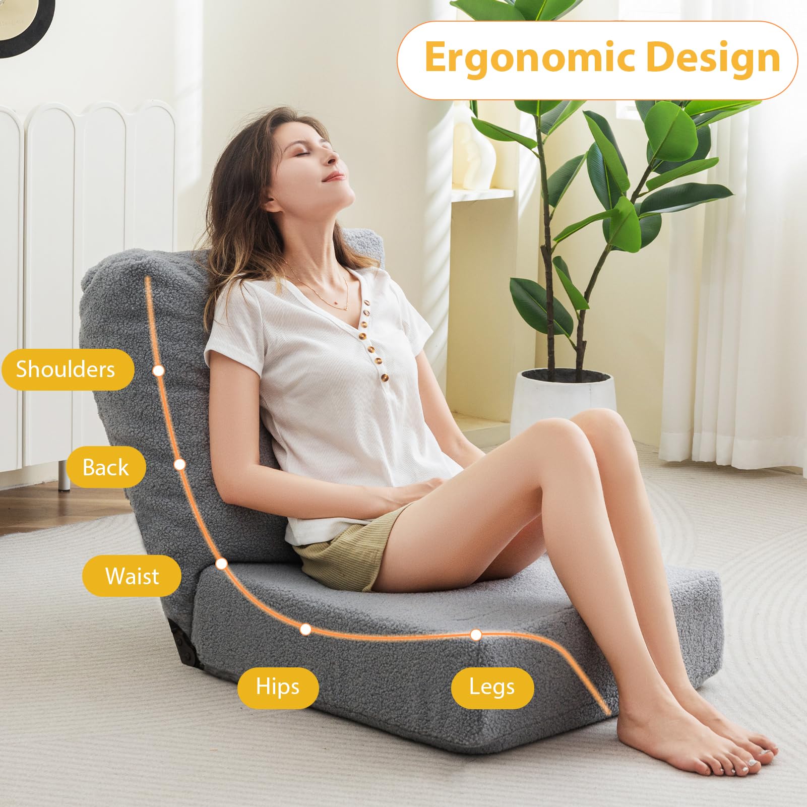 MAXYOYO Adjustable Floor Chair with Back Support - Ergonomic Meditation Seat for Yoga, Reading & Relaxation - Comfortable Grey Floor Cushion for Home, Office & Zen Spaces