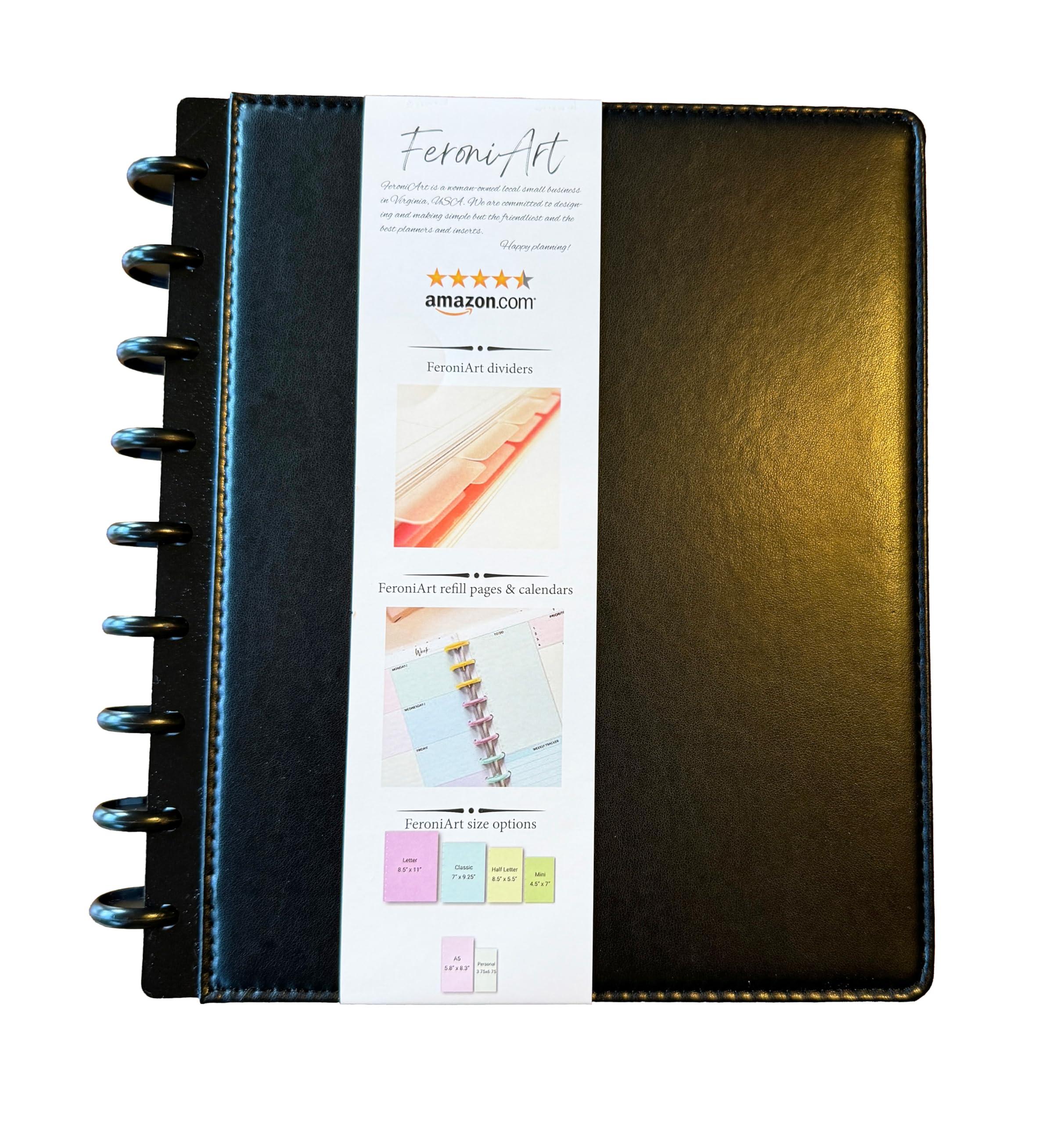 Refillable Discbound Notebook Classic Size 7x9.25 Inches - 75 Sheet Narrow Ruled PU Leather Vegan Planner for Office, School & Journaling (Black)