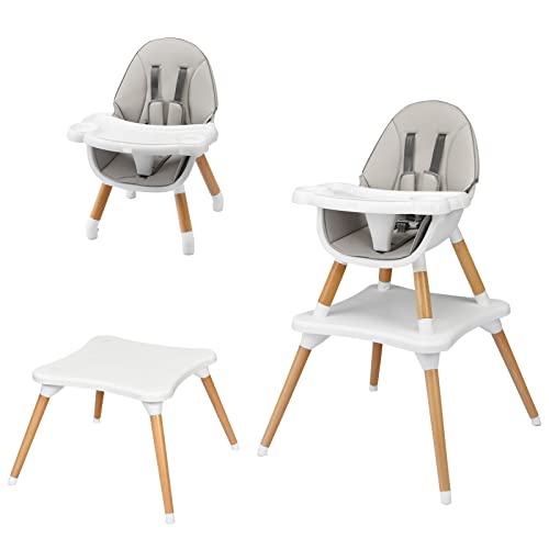 INFANS 5-in-1 Convertible Baby High Chair with 5-Point Safety Harness, Removable Tray & Wipeable Cushion - Toddler Dining Chair, Booster Seat & Wooden Table Set for Infants & Kids (Grey) - Perfect for Home, Restaurant & Travel Use