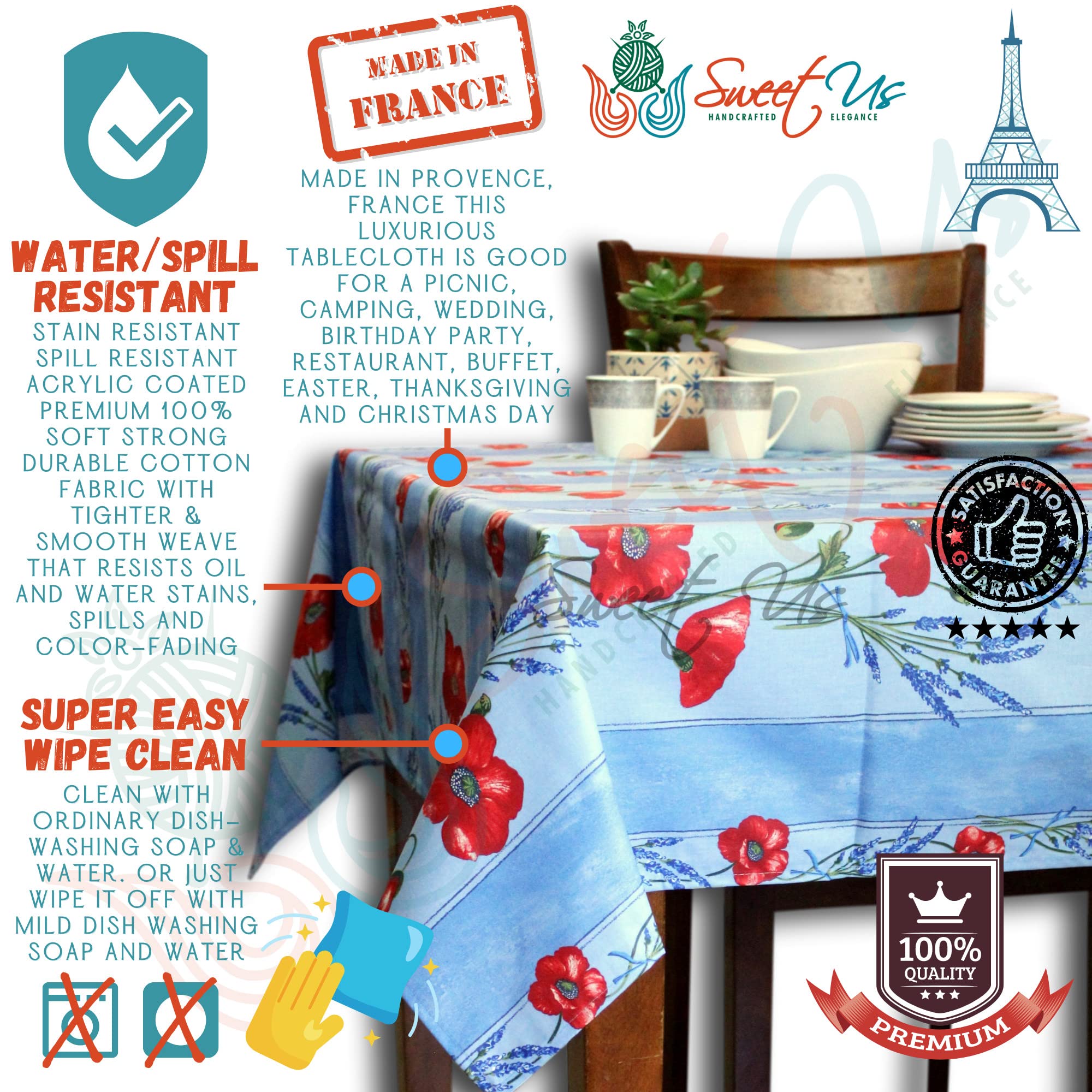La Cigale Poppy Éclat Spill-Resistant Wipeable Tablecloth - Acrylic Coated Floral Cotton French Provencal Design for Rectangle Tables (60x98 Inches, Blue) - Perfect for Dining Rooms, Kitchens, Outdoor Patios & French Country Decor