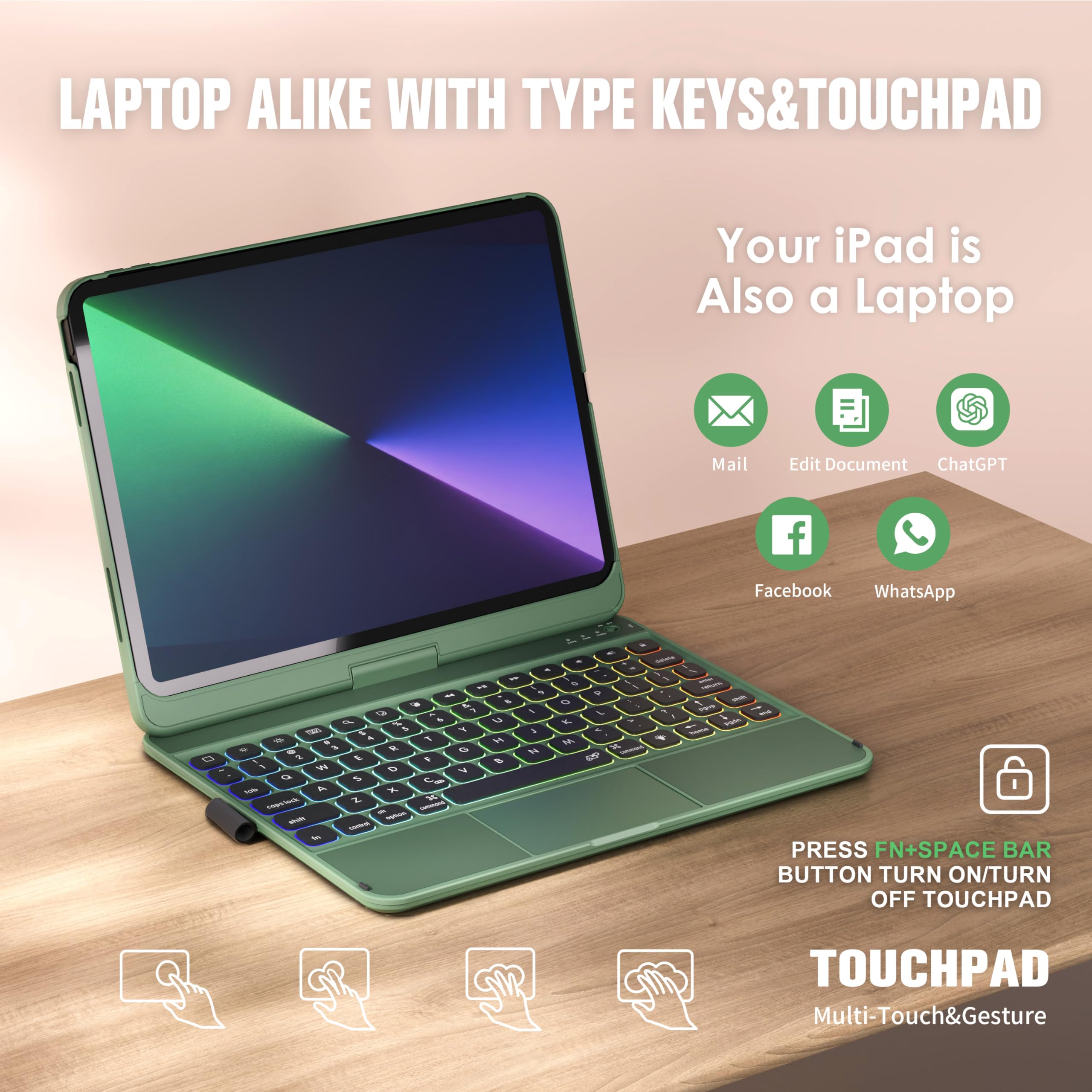 BABG iPad Air 11 inch Keyboard Case (M2) 2024 - TouchPad, 360° Rotating Stand, Backlit Keyboard for iPad Pro 11 inch 4th/3rd/2nd/1st & iPad Air 5th/4th 10.9 inch - Midnight Green - Perfect for Work, Study & Travel