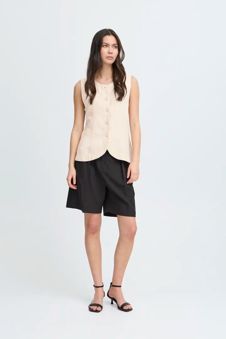 Linno Sleeveless Waistcoat Top for Women - Natural Ecru Summer Vest, Casual Office Wear & Layering Piece