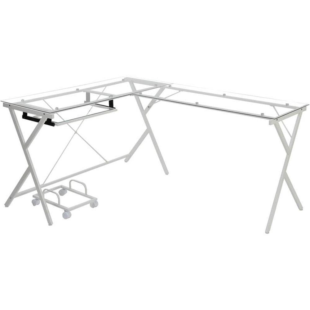 Acme Demas L-Shaped Glass Computer Desk with Holder - Clear & White Modern Office Desk for Home & Workspace | Perfect for Small Spaces, Gaming Setup & Remote Work