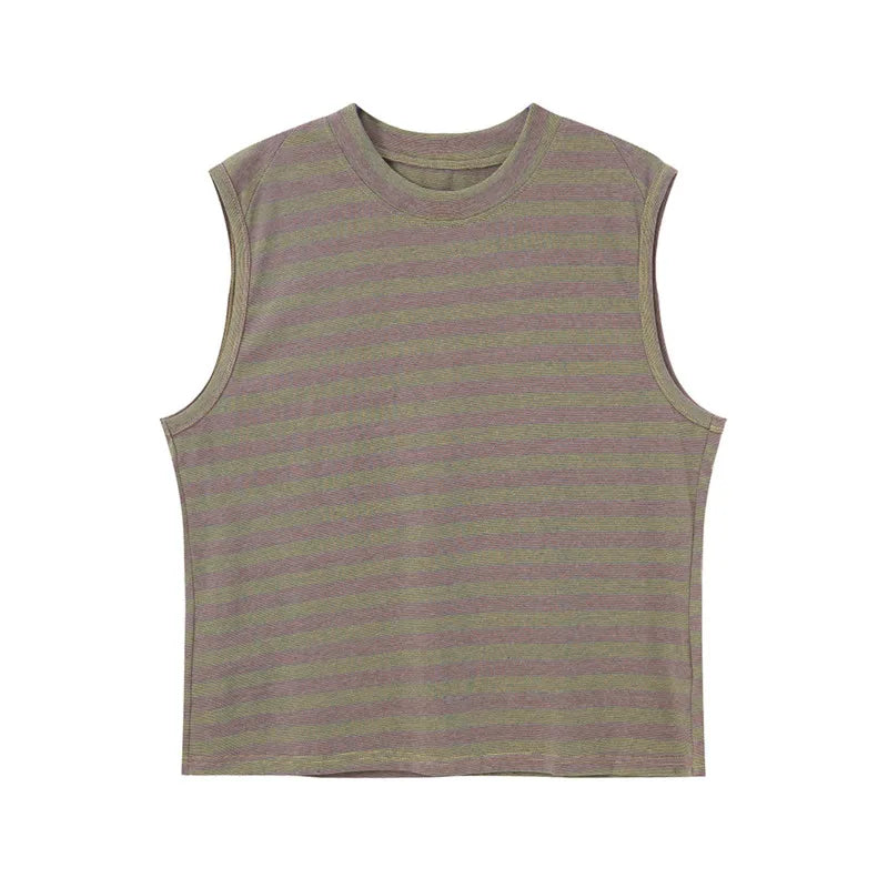 American Style Men's Tank Tops - Loose Fit Striped Sleeveless Shirts for Men | Breathable O-Neck Casual Top with Contrast Color (9C6377) | Perfect for Summer, Gym, Beach & Outdoor Activities