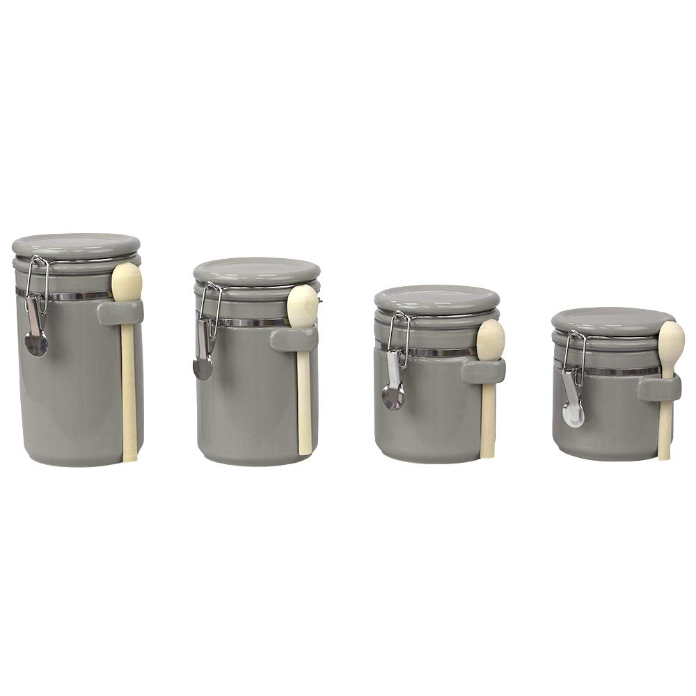 Premium 4-Piece High Gloss Ceramic Kitchen Canister Set with Wooden Spoons - Airtight Storage for Flour, Sugar, Coffee & Snacks | Elegant Grey Countertop Decor for Modern Kitchens & Pantry Organization