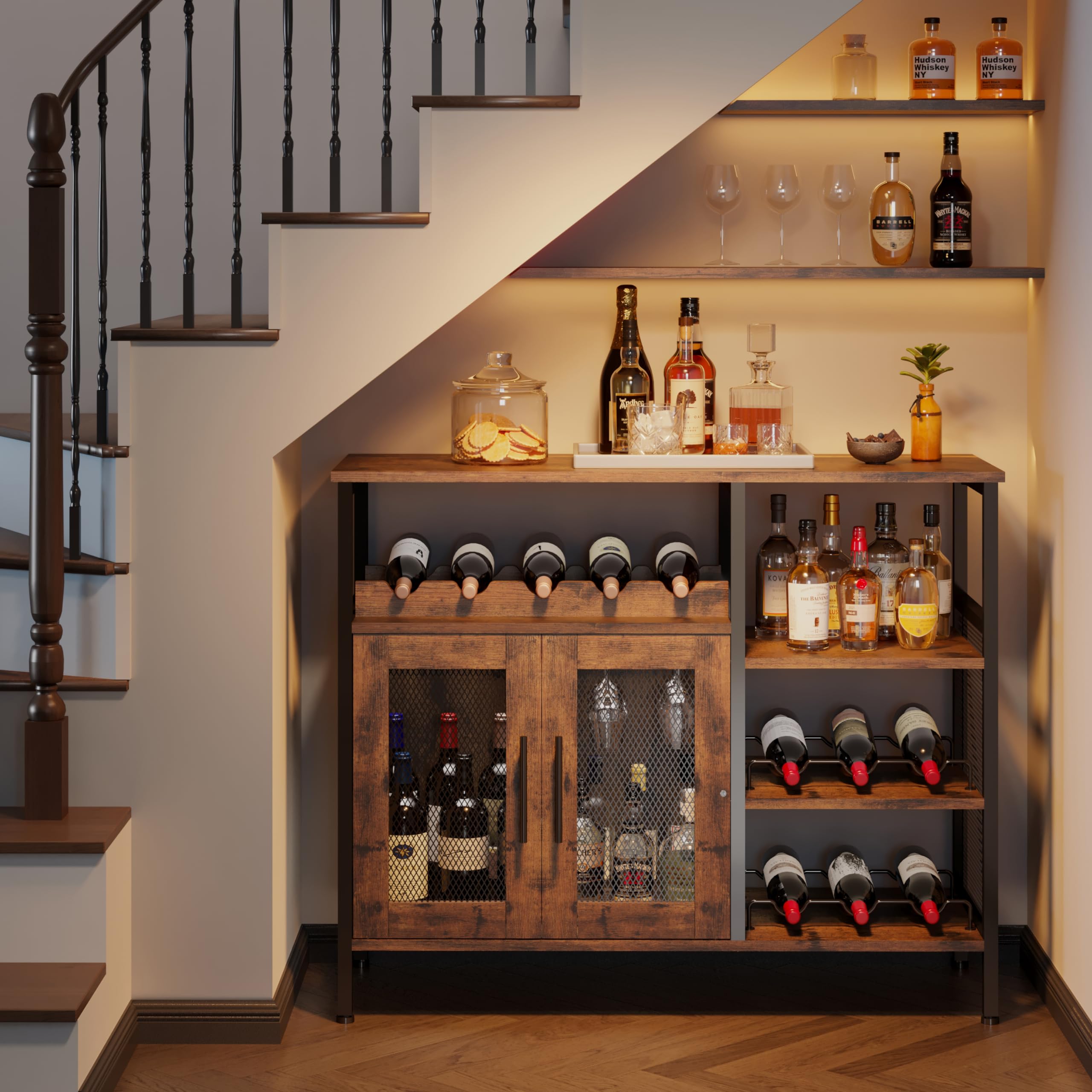 Rustic Brown X-cosrack Wine Bar Cabinet with Detachable Wine Rack & Glass Holder - Coffee Bar Sideboard with Mesh Door for Dining Room, Kitchen or Living Room Storage