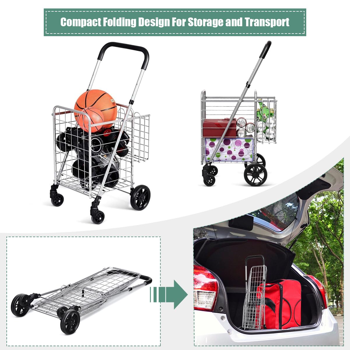 Byroce Utility Folding Shopping Cart - Lightweight Grocery Trolley with Handle, Swivel Wheels & Dual Storage Baskets - Perfect for Supermarket, Laundry, Books, Travel & Luggage (Silver)