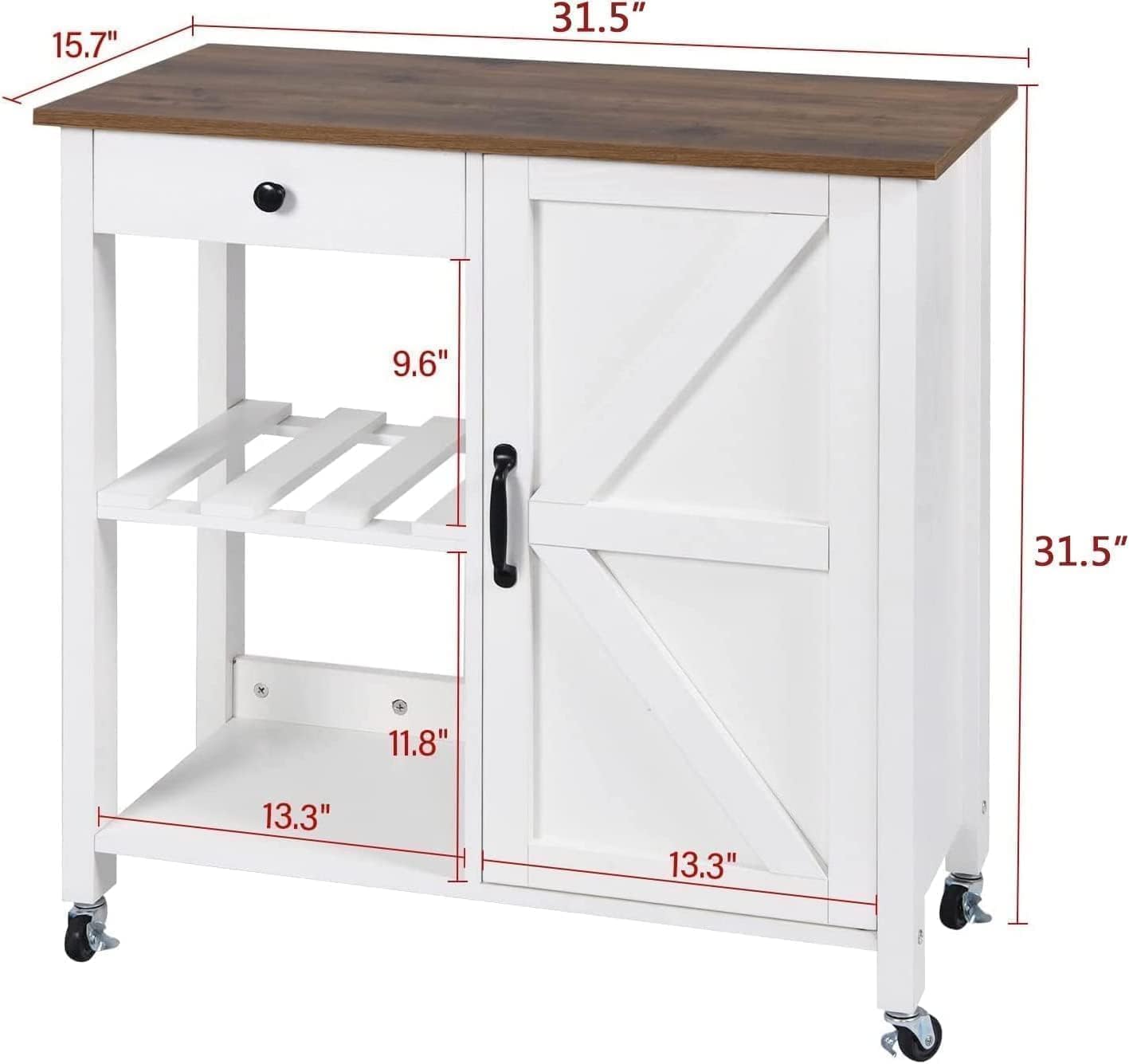 4 EVER WINNER Farmhouse Coffee Cart - Rolling Coffee Bar Cart with Storage Cabinet, Drawer & Adjustable Shelf, White Kitchen Island for Living Room, Dining Room & Kitchen - Perfect for Serving Coffee, Tea, Wine & Breakfast Snacks