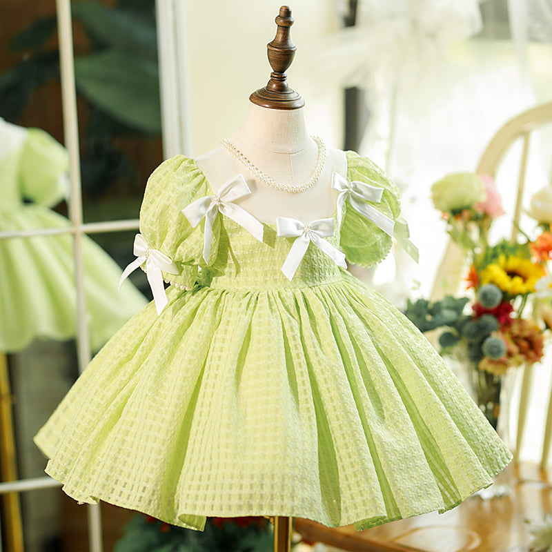Toddler Girls Summer Dress with Bow Knot & Puff Sleeves - Green Birthday Party Outfit for Baby Girls - Perfect for Special Occasions, Photo Shoots & Playdates