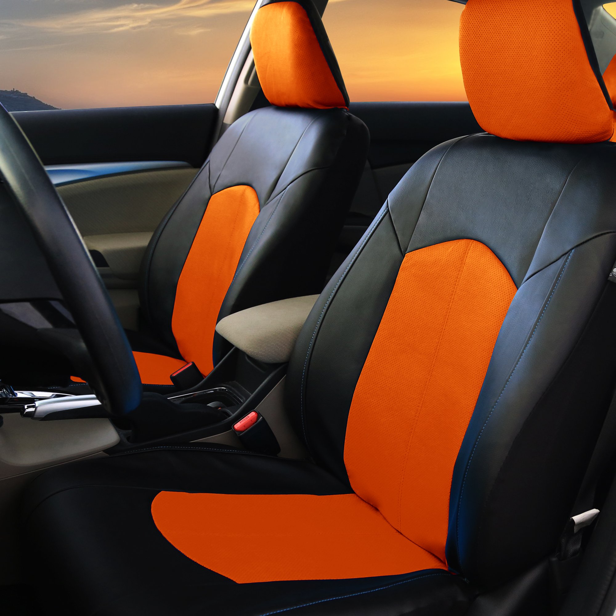 Premium FH Group Faux Leather Car Seat Covers - Universal Fit for Cars, Trucks & SUVs | Airbag Compatible, Front Seats Only (Orange) | Durable Automotive Interior Accessories for Comfort & Style | Perfect for Daily Commute, Road Trips & Vehicle Protection