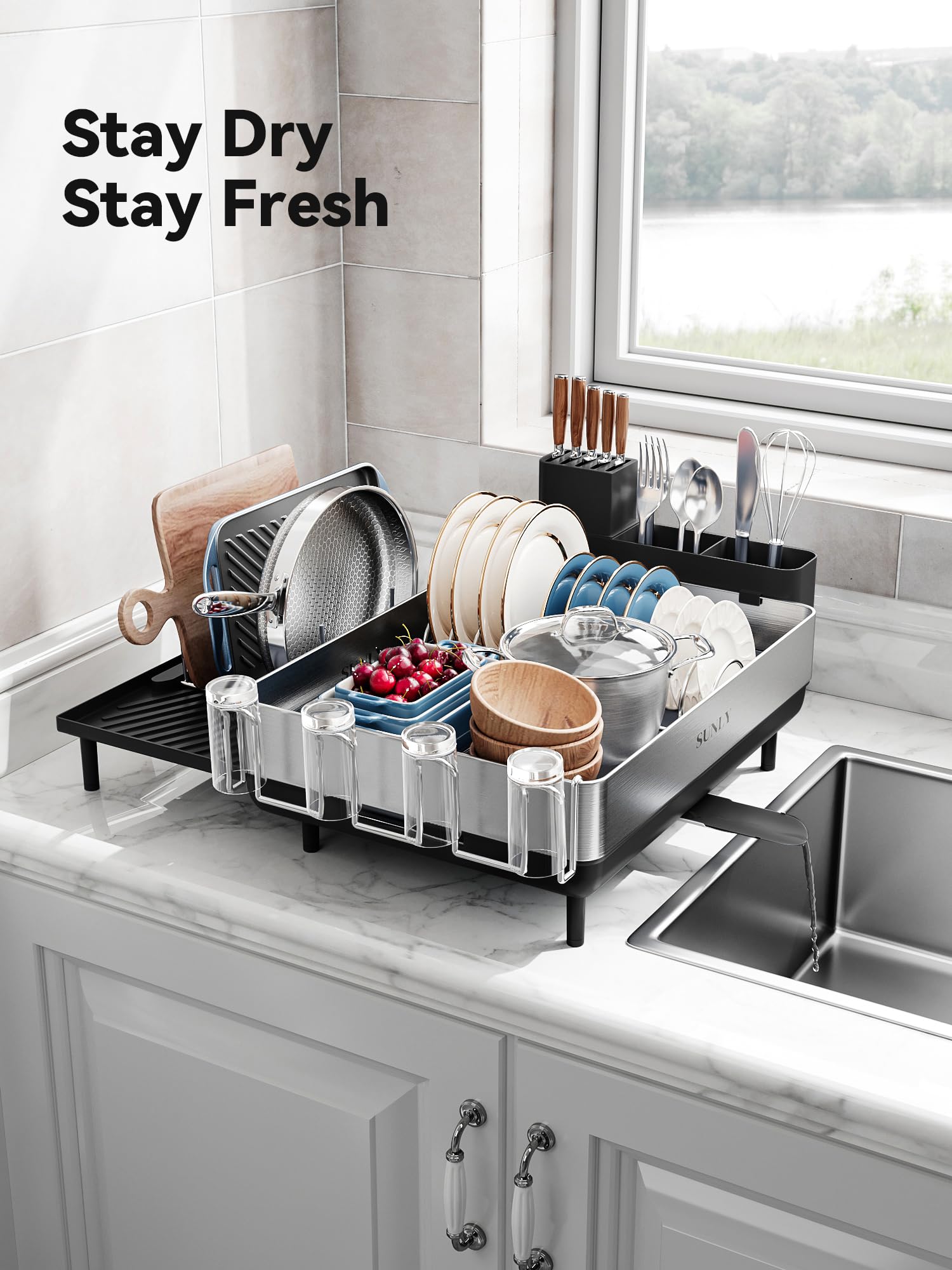 **SUNLY Large Expandable Dish Drying Rack - 304 Stainless Steel Space-Saving Kitchen Counter Drainer with Flip-Up Pegs - Perfect for Small Kitchens, Apartments & Dishwashing Organization (Black)**