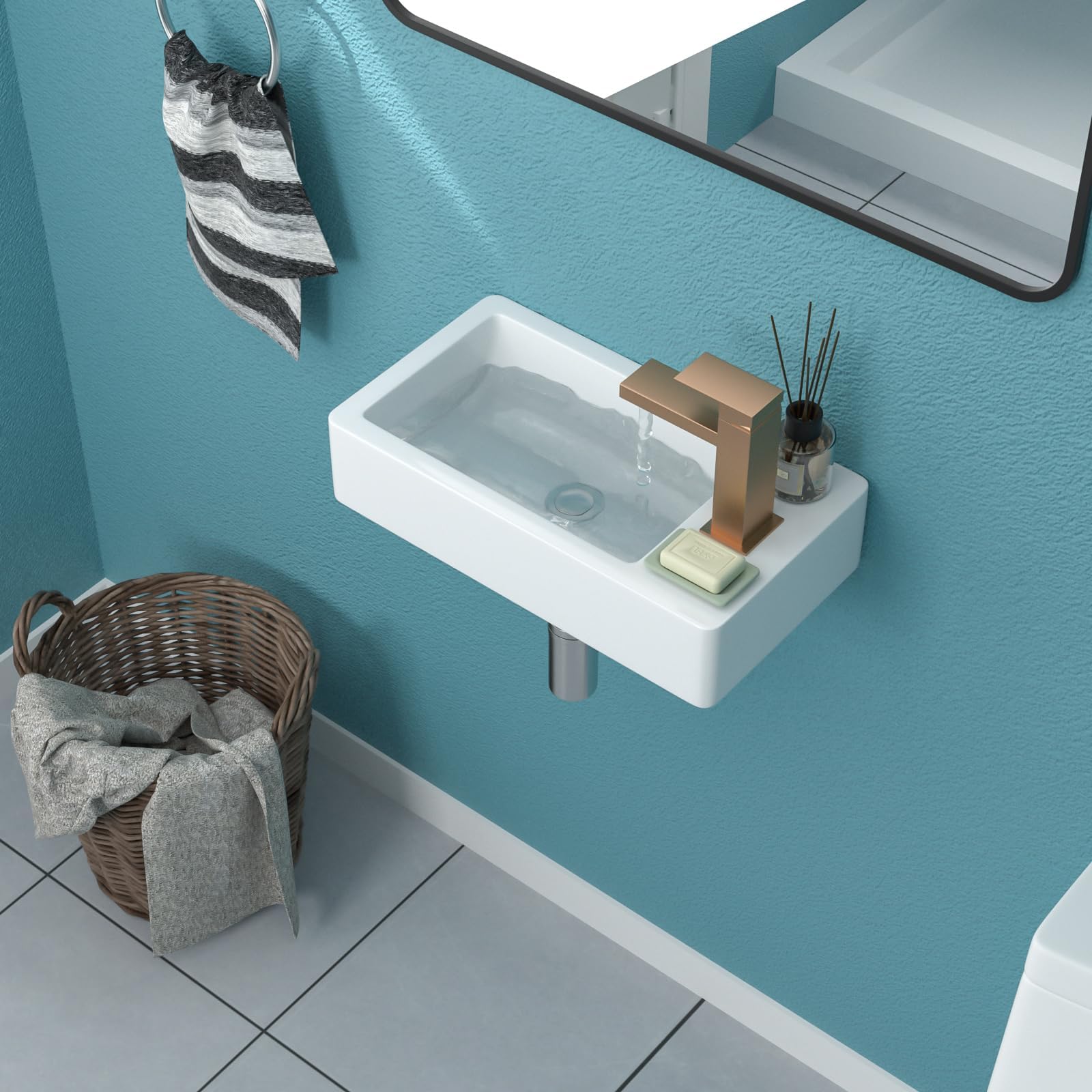 Funmier 18x10 Inch White Ceramic Wall Mount Floating Vessel Sink - Rectangle Bathroom Corner Sink with Right-Hand Drain - Perfect for Small Bathrooms, Powder Rooms & Modern Vanity Installations